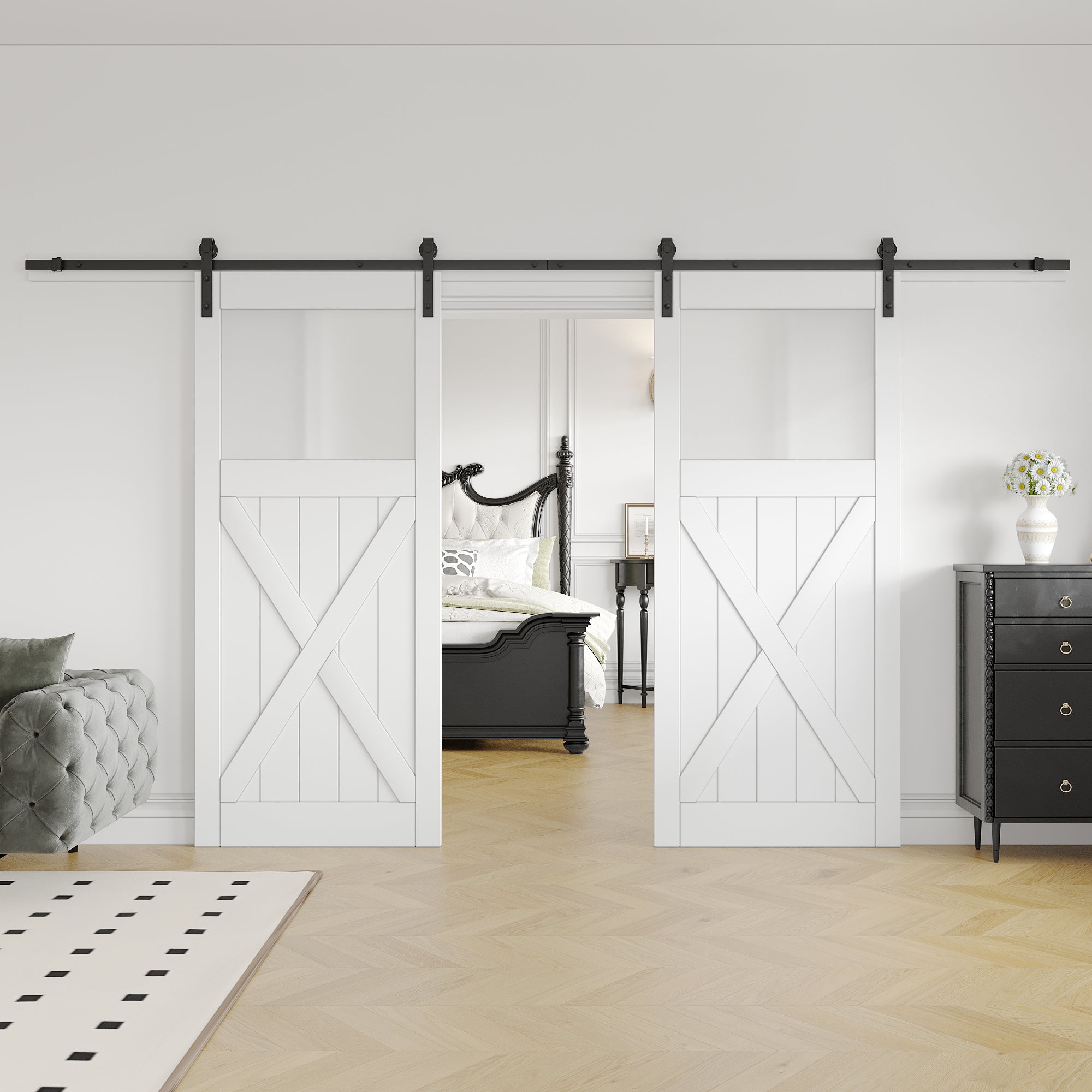 Ark Design Sliding Double Barn Door, X design, 1-Lite Tempered Frosted Glass, Solid Core MDF Wood & PVC Covered Finished, with Hardware Kit & Handle & Floor Guide, White