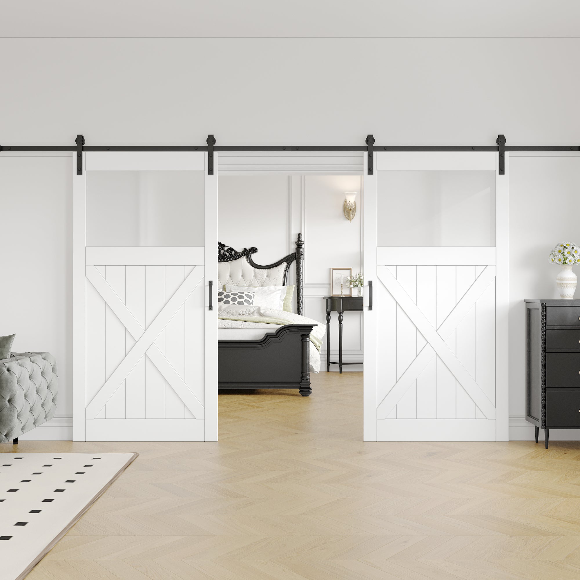 Ark Design Sliding Double Barn Door, X design, 1-Lite Tempered Frosted Glass, Solid Core MDF Wood & PVC Covered Finished, with Hardware Kit & Handle & Floor Guide, White