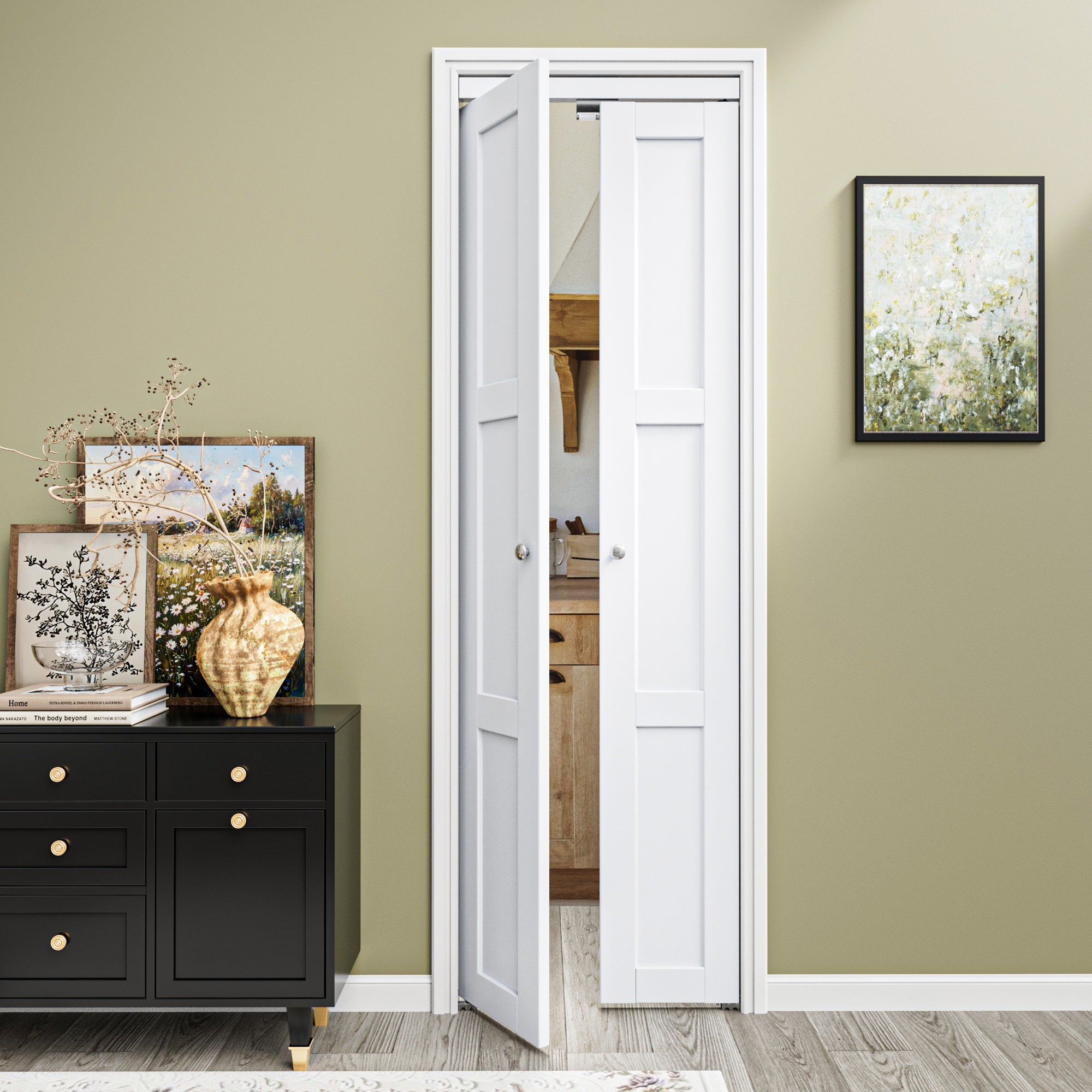 Ark Design 3-Lite Panel Closet Pivot Door with Hardware Kit & Knob, Solid Core MDF Wood & Finished PVC Covered Surface, White