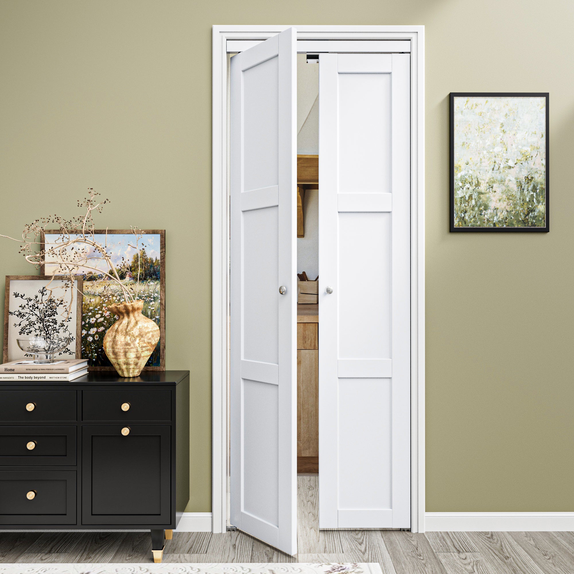 Ark Design 3-Lite Panel Closet Pivot Door with Hardware Kit & Knob, Solid Core MDF Wood & Finished PVC Covered Surface, White