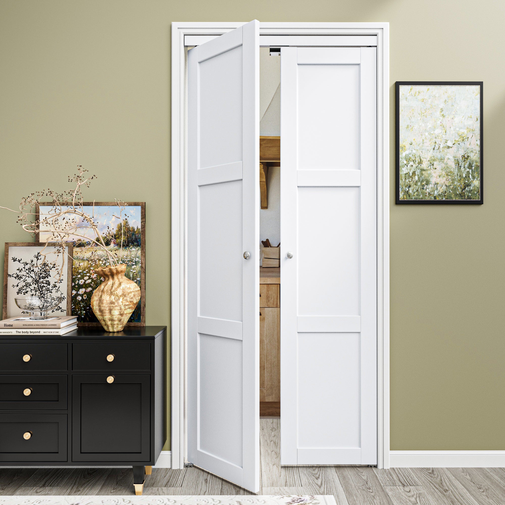 Ark Design 3-Lite Panel Closet Pivot Door with Hardware Kit & Knob, Solid Core MDF Wood & Finished PVC Covered Surface, White