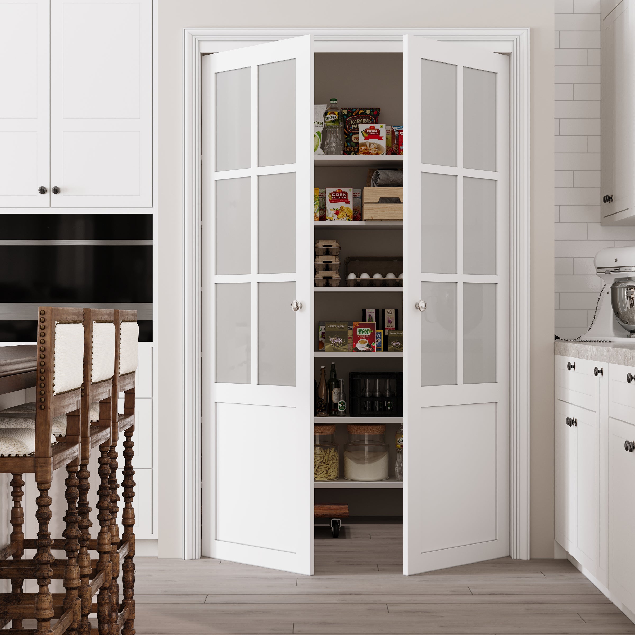 Ark Design 6-Lite Tempered Frosted Glass French Pivot Door with Hardware Kit, Solid Core MDF Wood & PVC Covered Finished, White