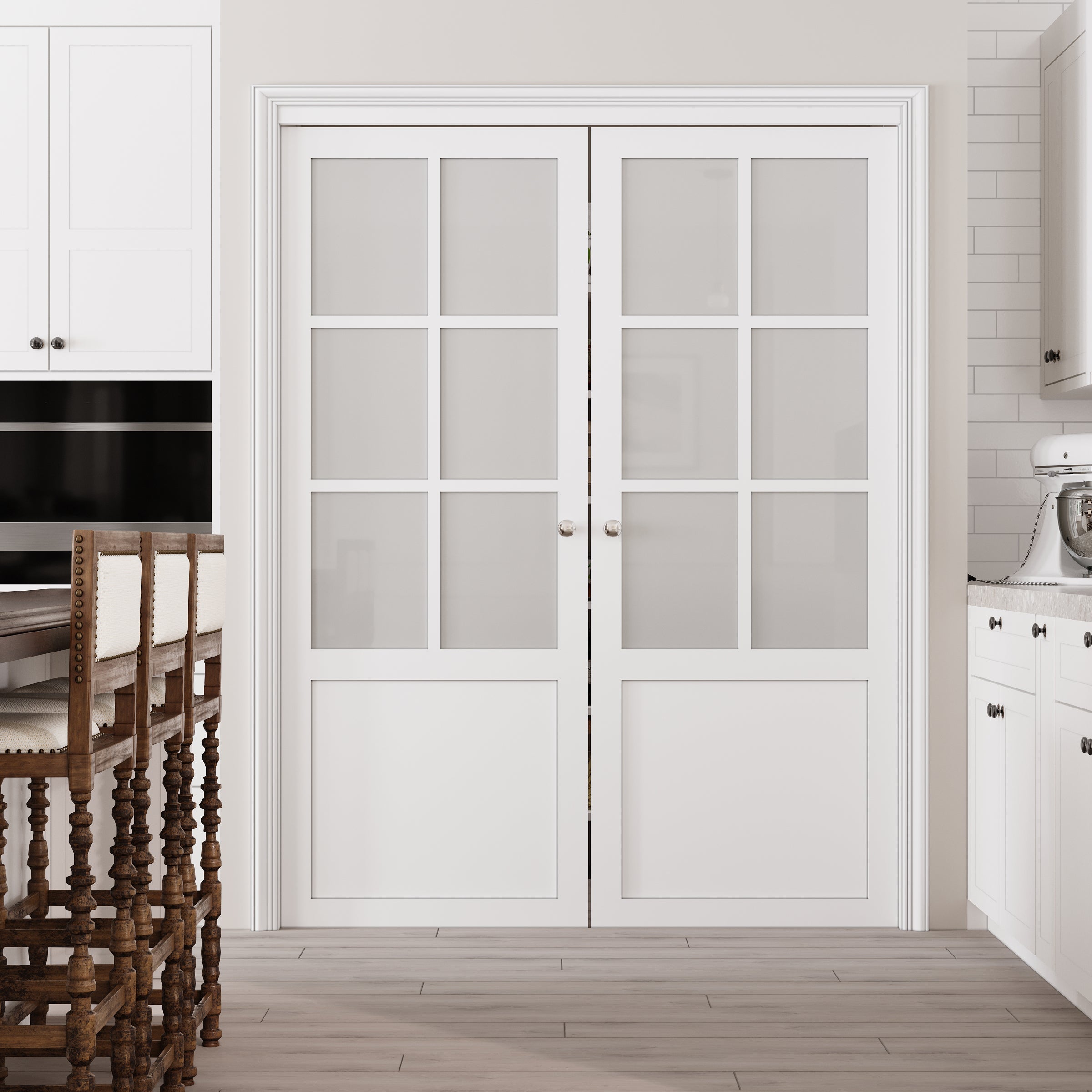 Ark Design 6-Lite Tempered Frosted Glass French Pivot Door with Hardware Kit, Solid Core MDF Wood & PVC Covered Finished, White