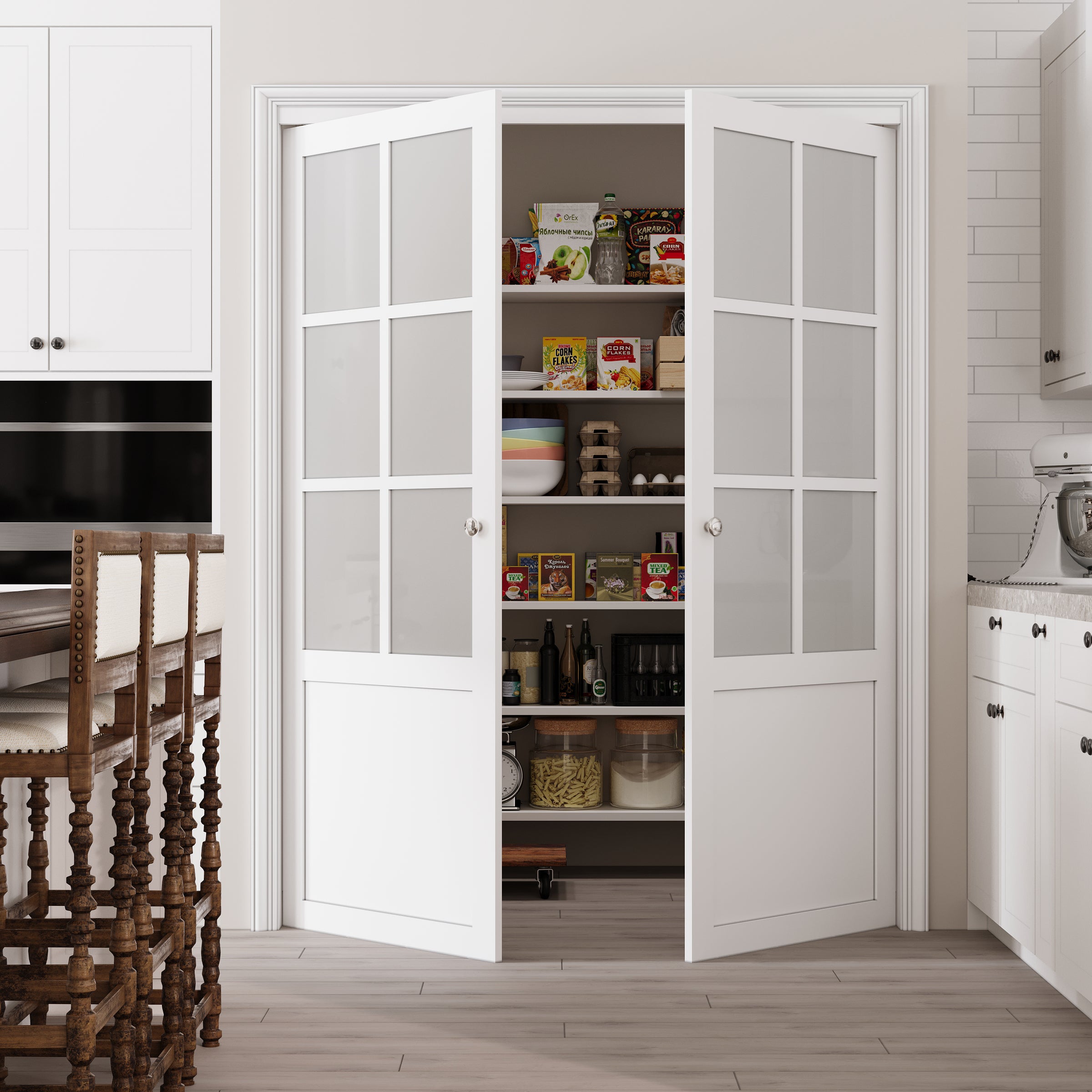 Ark Design 6-Lite Tempered Frosted Glass French Pivot Door with Hardware Kit, Solid Core MDF Wood & PVC Covered Finished, White