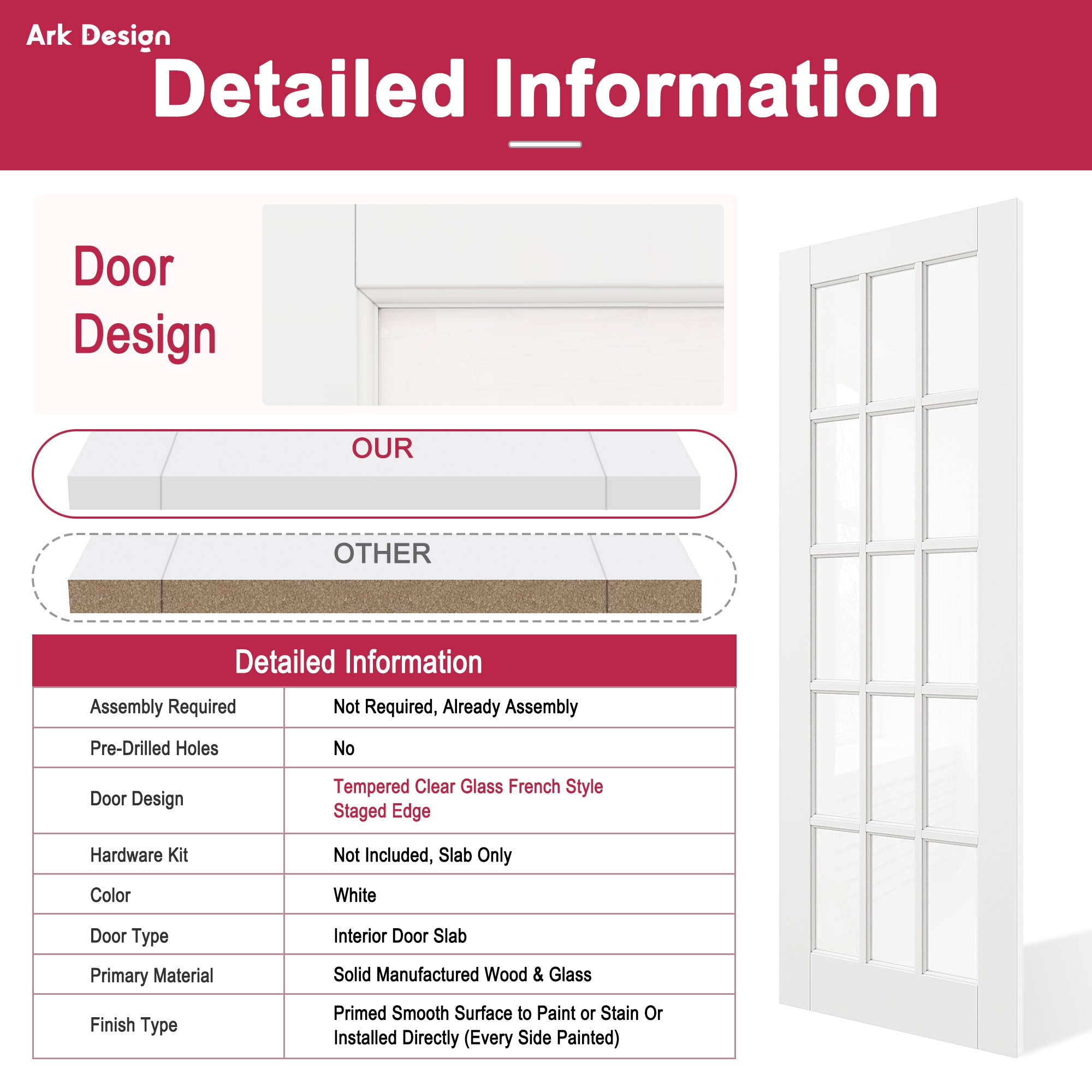 Ark Design 15-Lite Clear Glass Door Slab Prefinished & Paintable Surface, with/without Prehung Kit, White