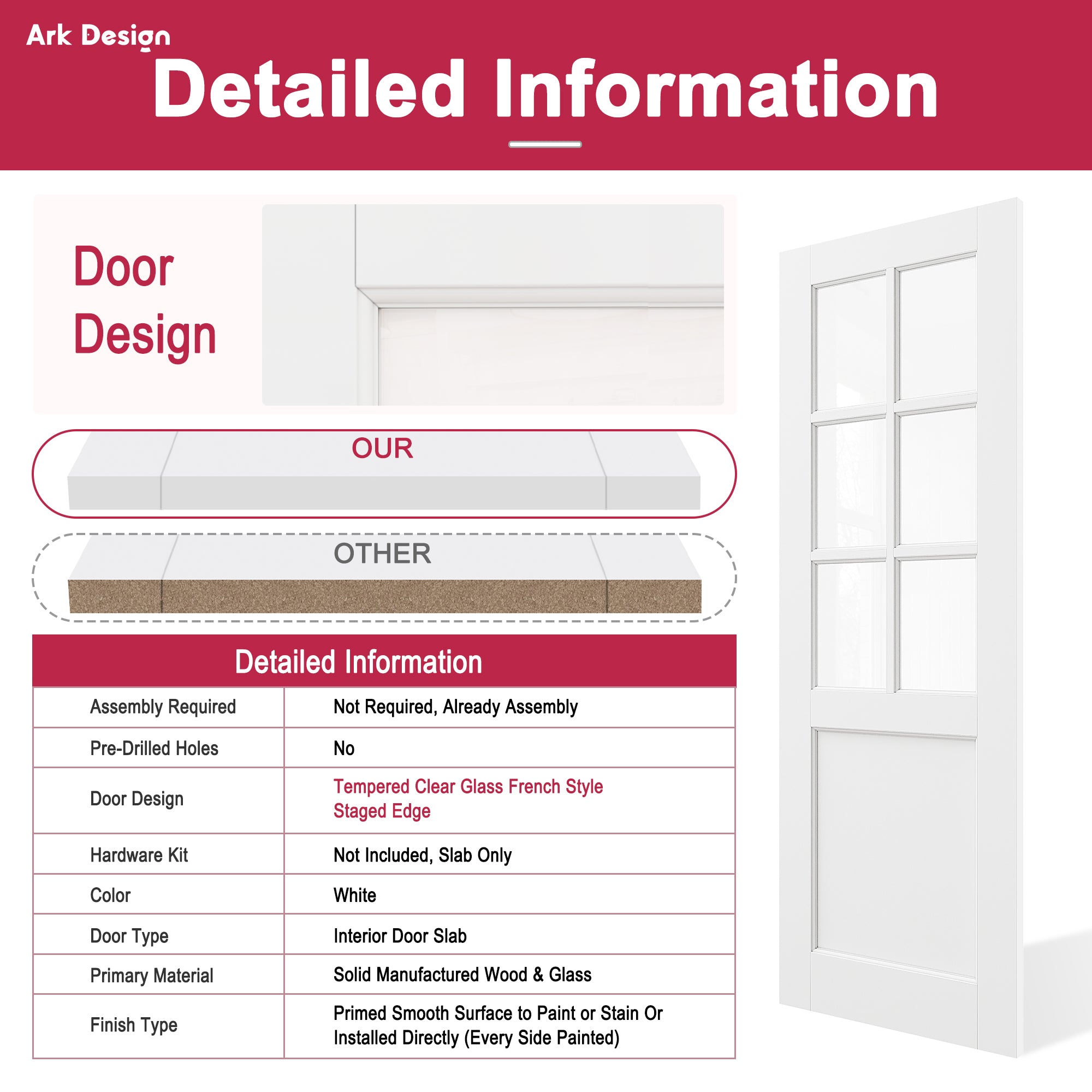 Ark Design 6 Lite Clear Glass Double Bypass Pocket Door with Hardware Kit & Soft Close & Frame, Solid Core MDF Wood & Paint-grade Finished, White