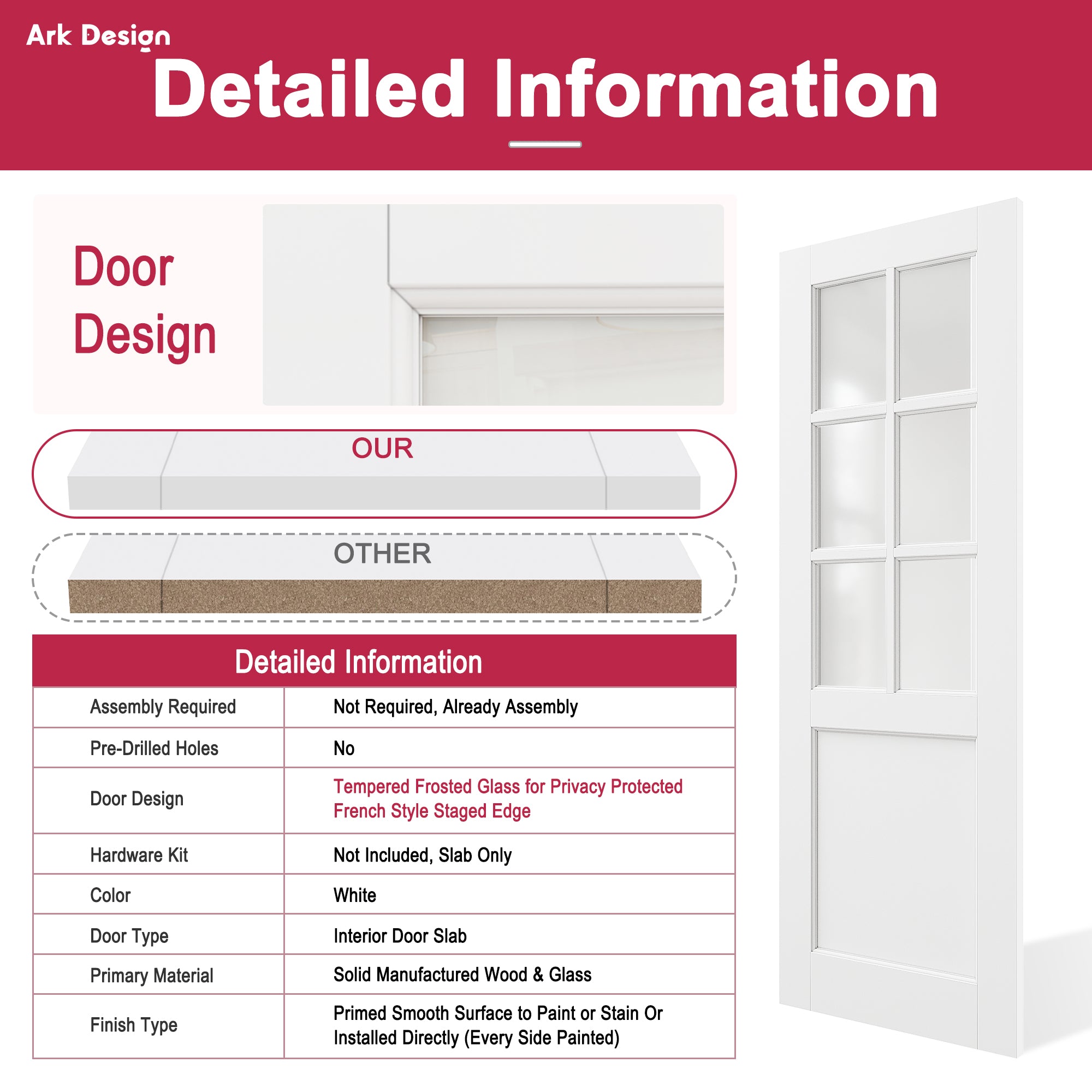 Ark Design 6-Lite Frosted Glass Door Slab Prefinished & Paintable Surface, with/without Prehung Kit, White