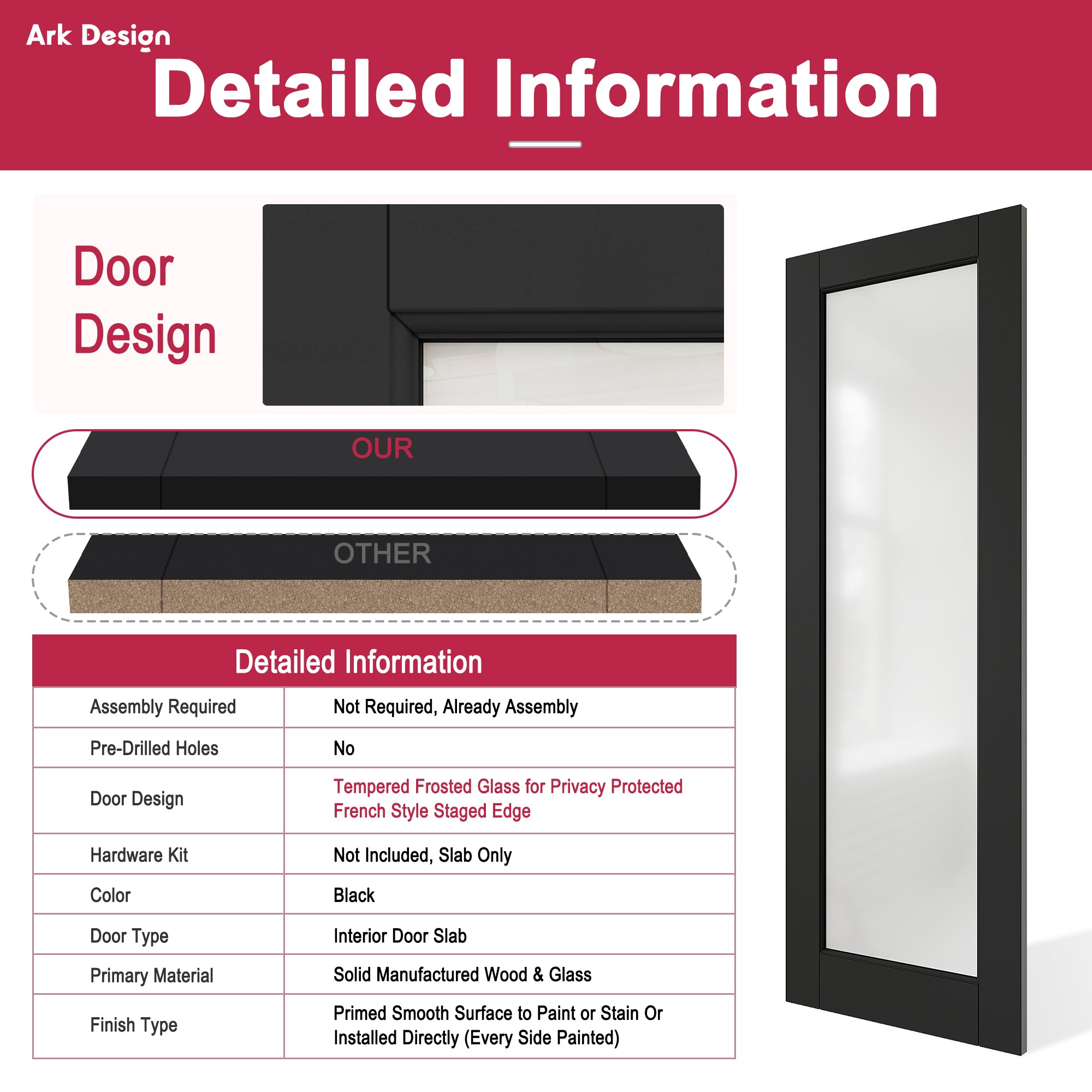 Ark Design 1-Lite Tempered Frosted Glass Pocket Door with Hardware Kit & Soft Close & Black Frame, Solid Core MDF Wood & Paint-grade Finished