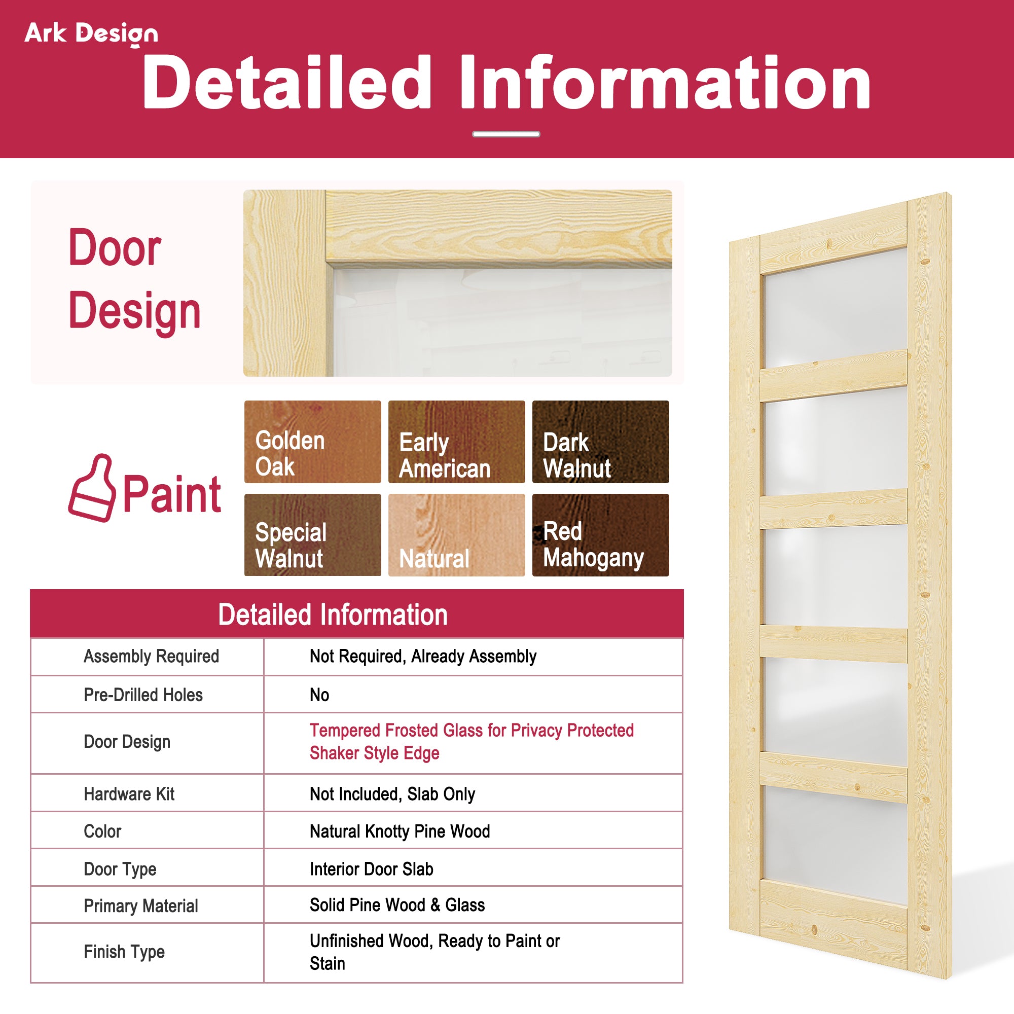 Ark Design 5-lite Tempered Frosted Glass Pocket Door with Hardware Kit & Soft Close, Pine Wood & Unfinished