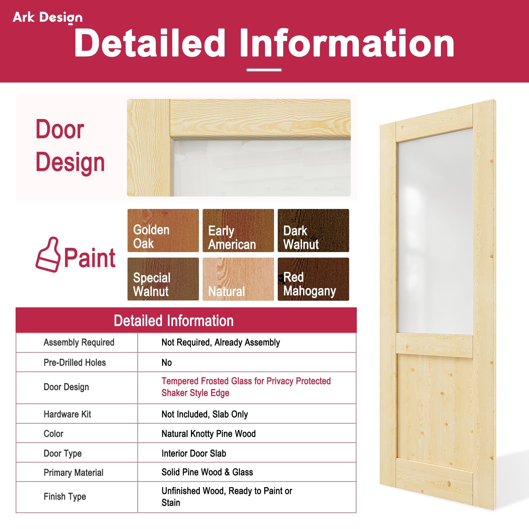 Ark Design Half-Lite Frosted Glass Door Slab with/without Prehung Kit, Solid Pine Wood & Unfinished