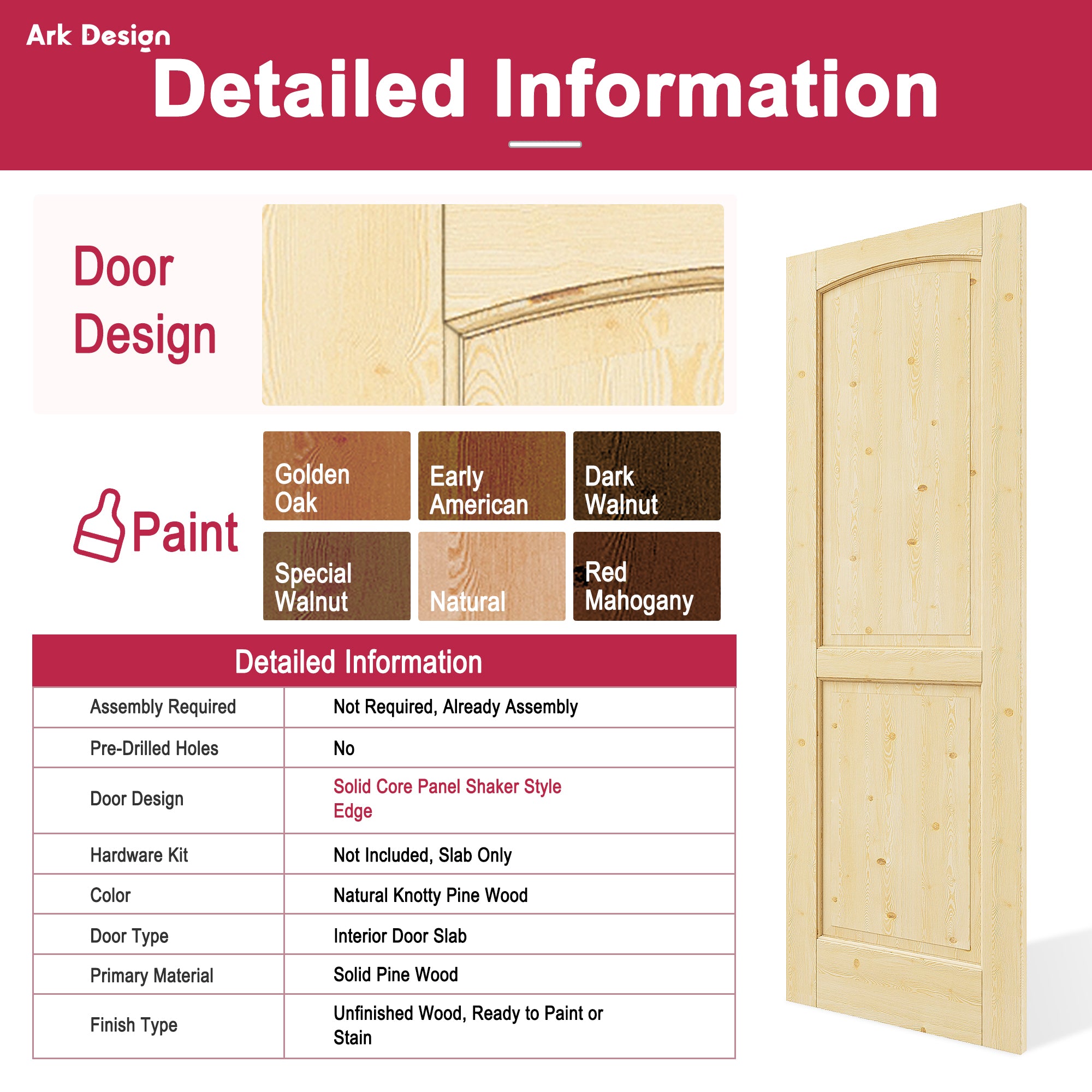 Ark Design 2-Panel Arch Top Solid Core Pine Wood Pocket Door with Hardware Kit & Soft Close & Frame, Unfinished Natural Pine Wood