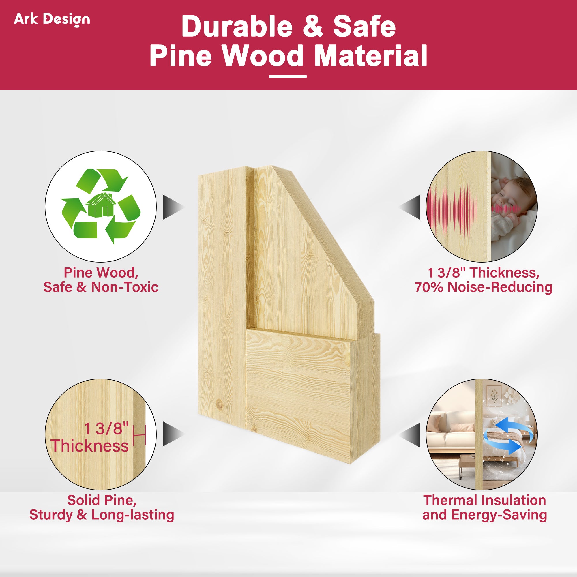Ark Design Unfinished Solid Core Pine Wood 3-Lite Tempered Frosted Glass Interior Door Slab with/without Prehung Kit