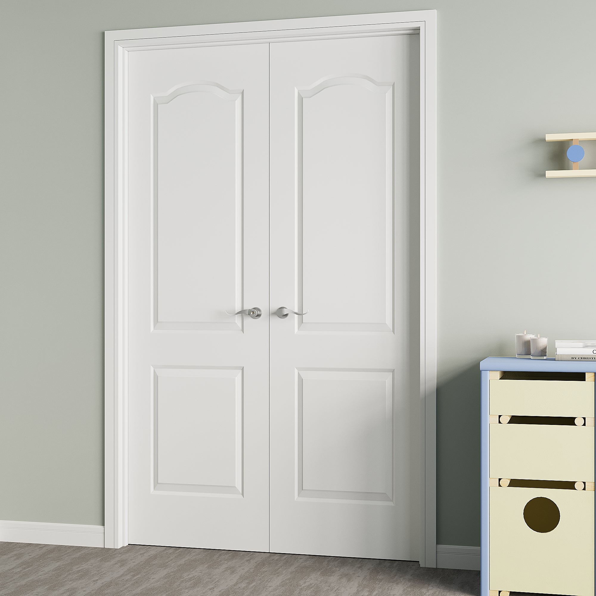 Arch Top 2 Panel Double Doors with French Door, Molded Solid Core Door