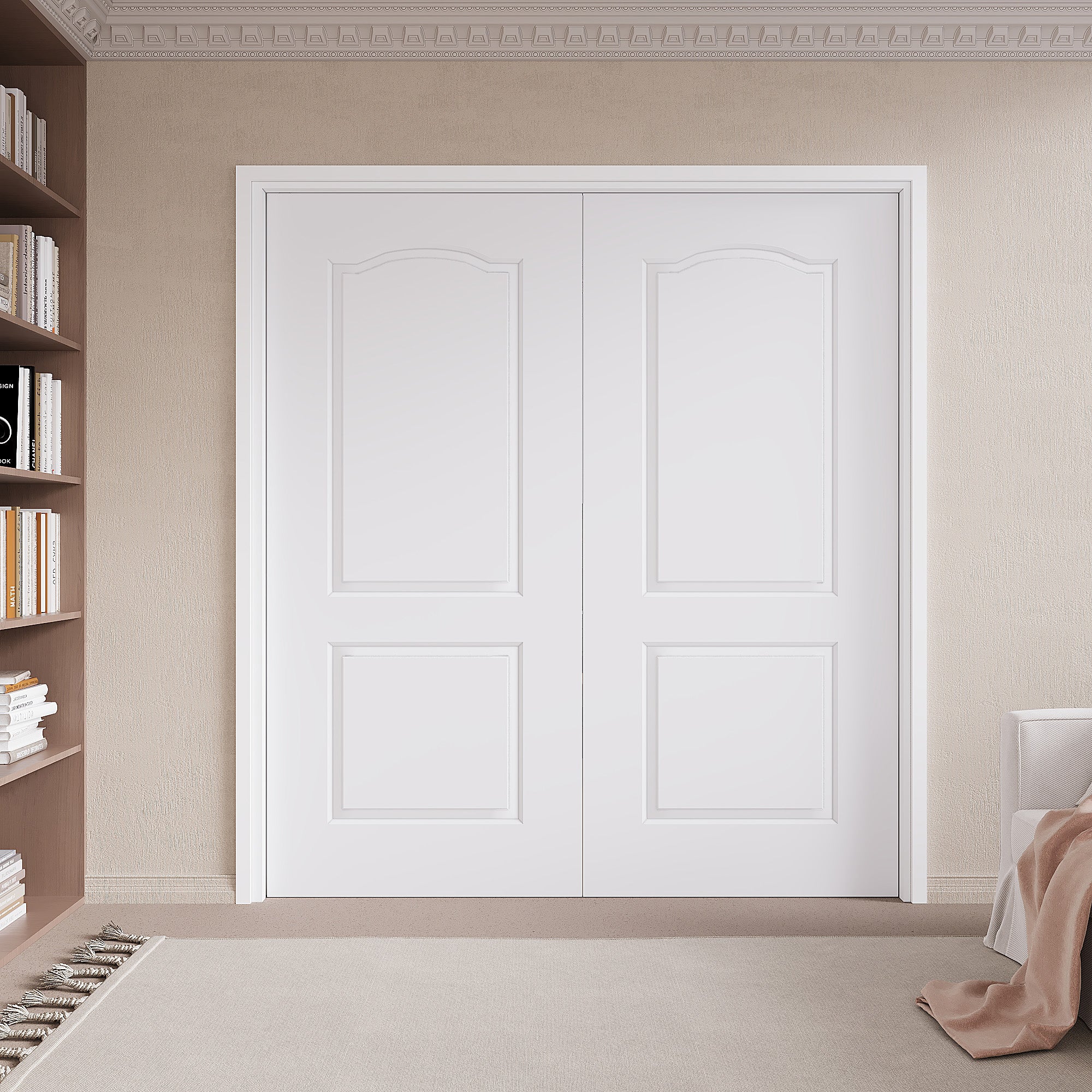 Ark Design Molded Arch Top 2 lite Panel Pocket Door with Hardware Kit & Soft Close & Frame, Solid Core MDF Wood & Paint-grade Finished, White