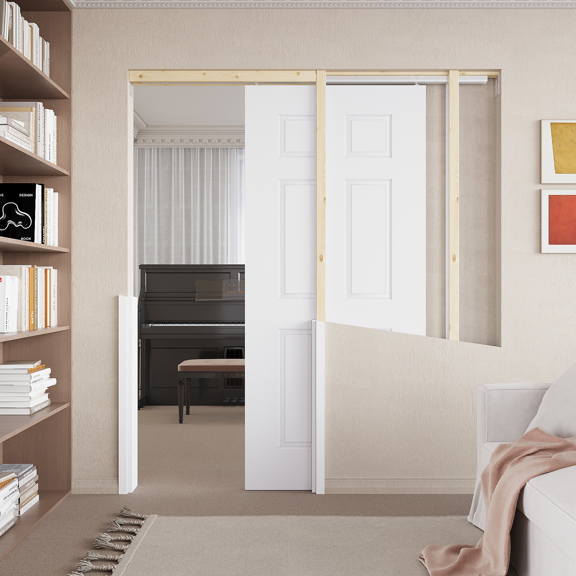 Ark Design Molded 6 Lite Panel Pocket Door with Hardware Kit & Soft Close & Frame, Solid Core MDF Wood & Paint-grade Finished, White