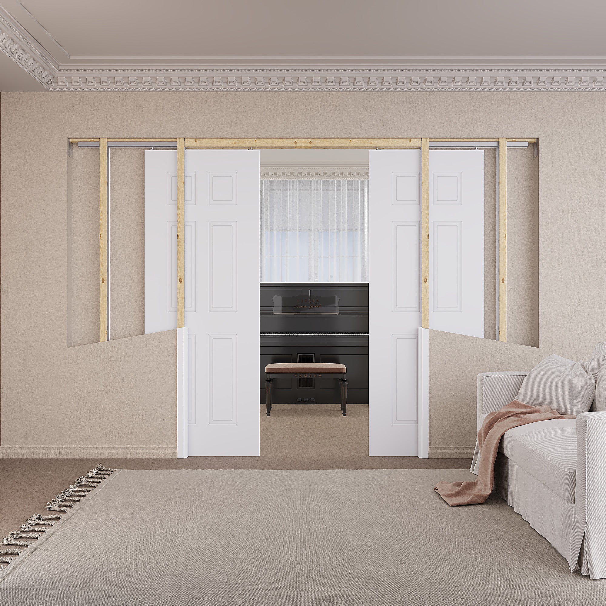 Ark Design Molded 6 Lite Panel Pocket Door with Hardware Kit & Soft Close & Frame, Solid Core MDF Wood & Paint-grade Finished, White