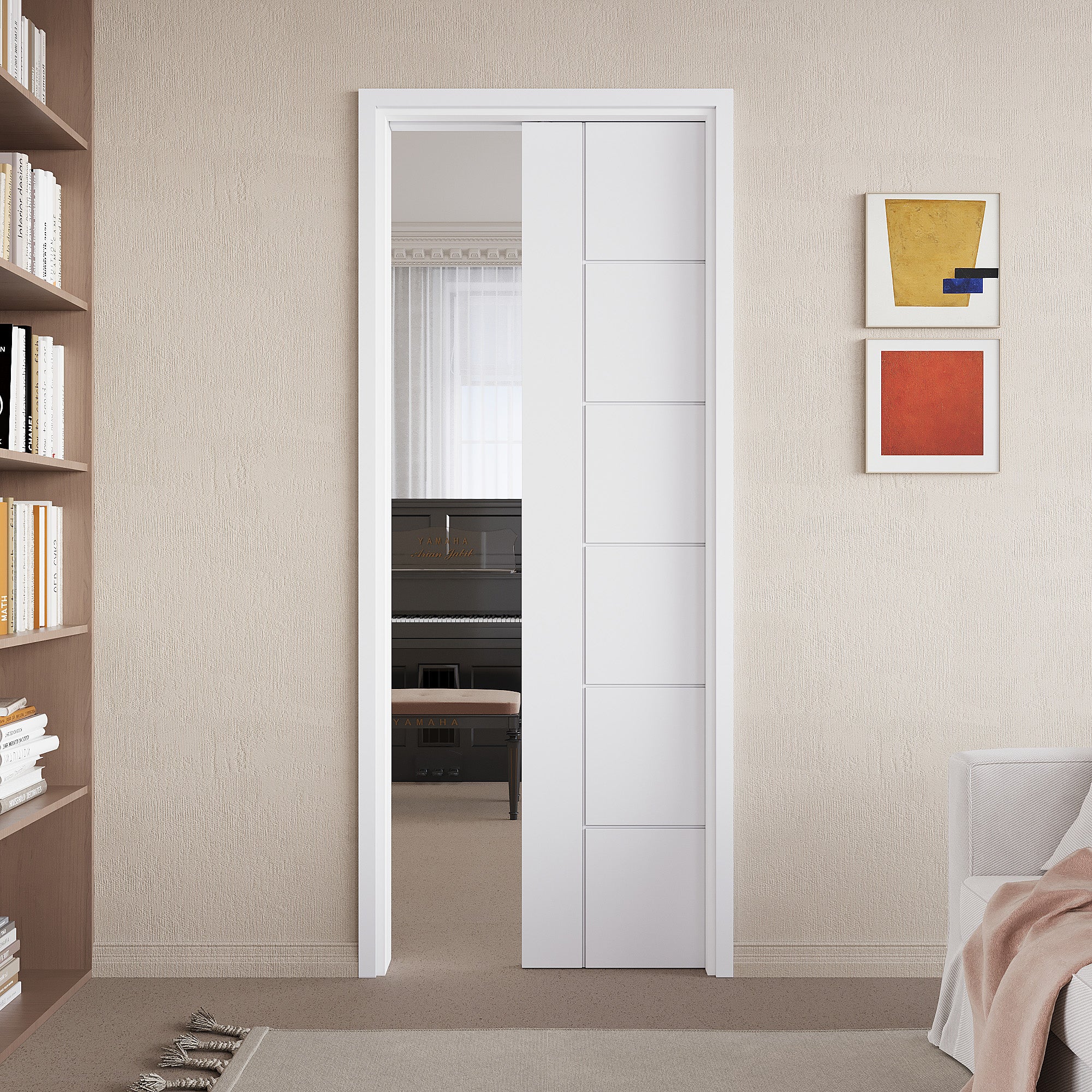 Ark Design Molded 6 Panel Modern Pocket Door with Hardware Kit & Soft Close & Frame, Solid Core MDF Wood & Paint-grade Finished, White