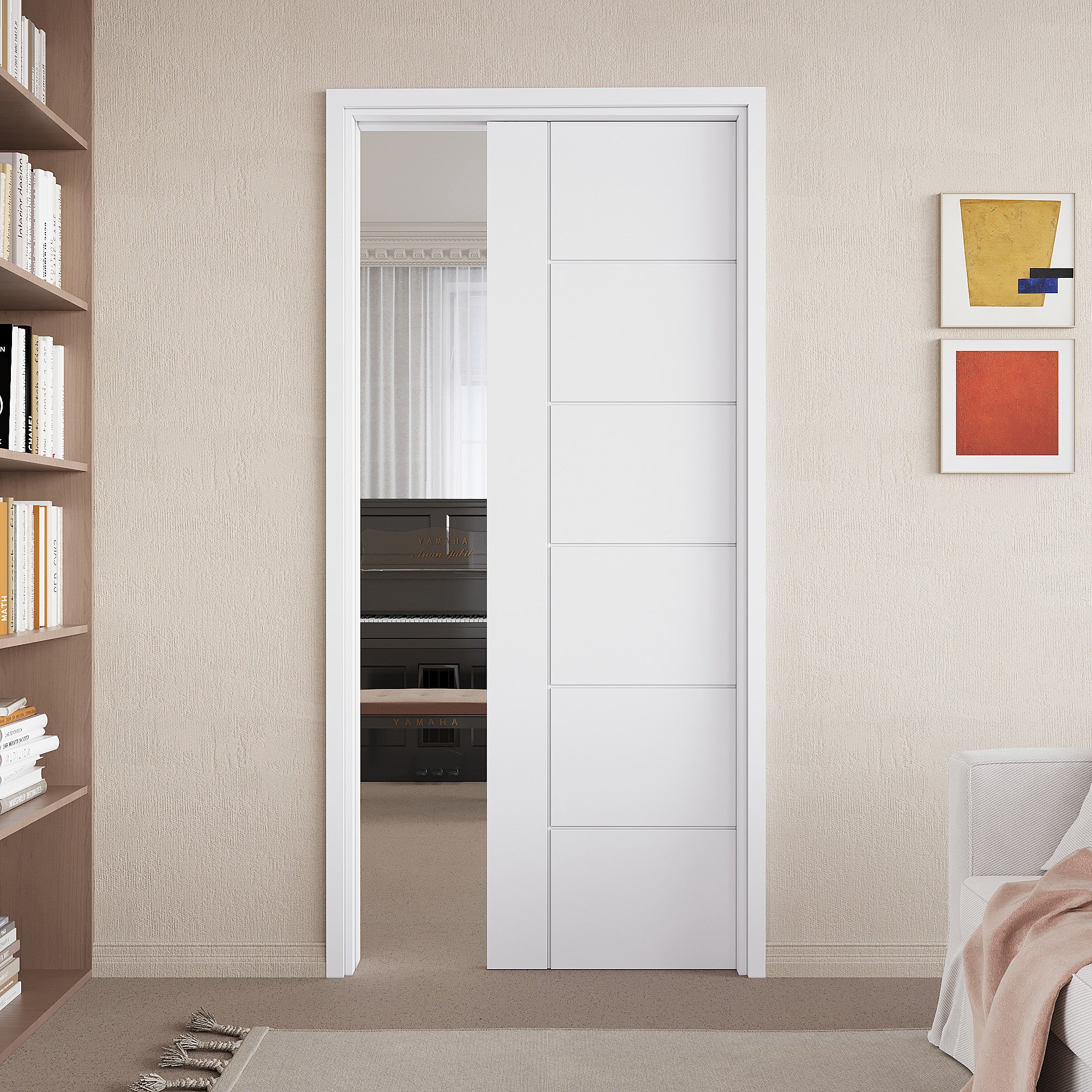 Ark Design Molded 6 Panel Modern Pocket Door with Hardware Kit & Soft Close & Frame, Solid Core MDF Wood & Paint-grade Finished, White