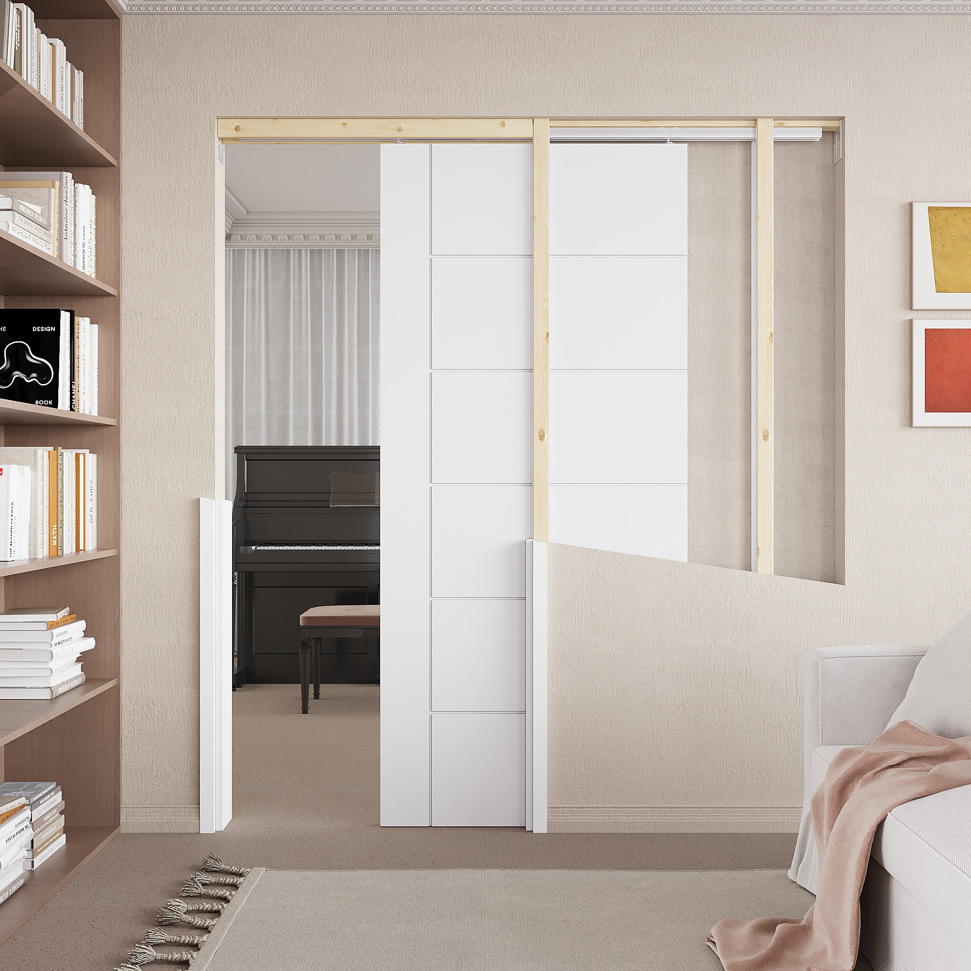 Ark Design Molded 6 Panel Modern Pocket Door with Hardware Kit & Soft Close & Frame, Solid Core MDF Wood & Paint-grade Finished, White