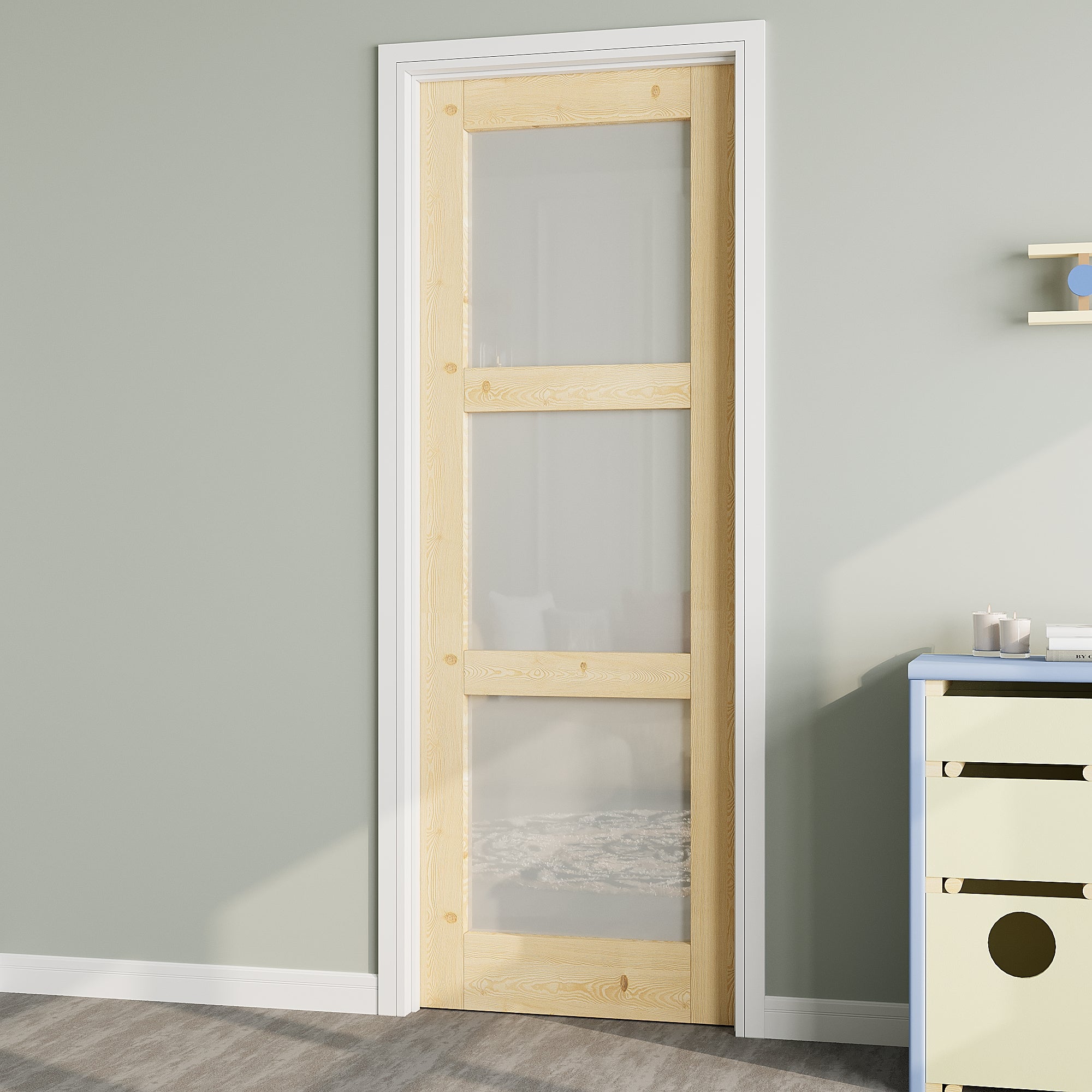 Ark Design Unfinished Solid Core Pine Wood 3-Lite Tempered Frosted Glass Interior Door Slab with/without Prehung Kit
