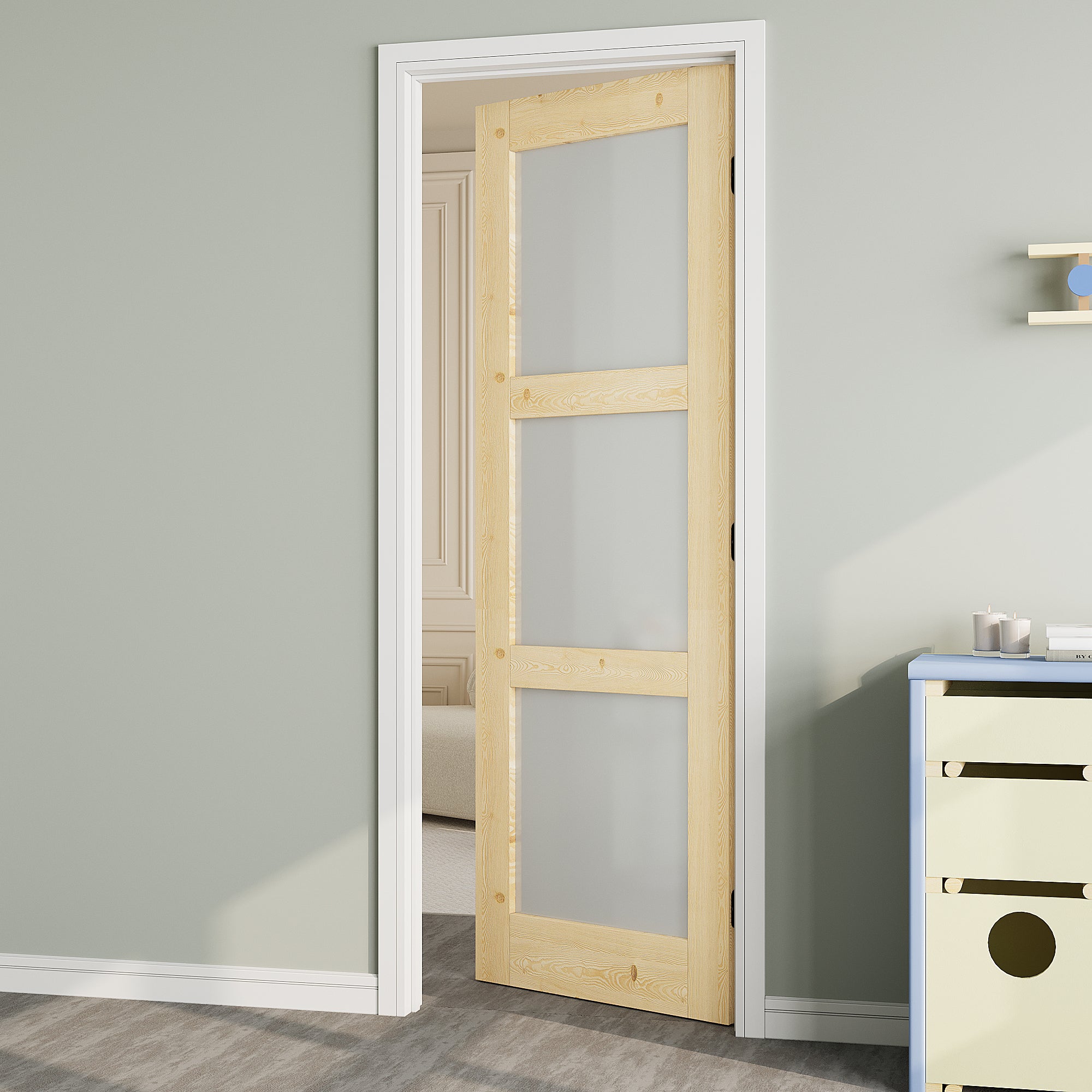 Ark Design Unfinished Solid Core Pine Wood 3-Lite Tempered Frosted Glass Interior Door Slab with/without Prehung Kit