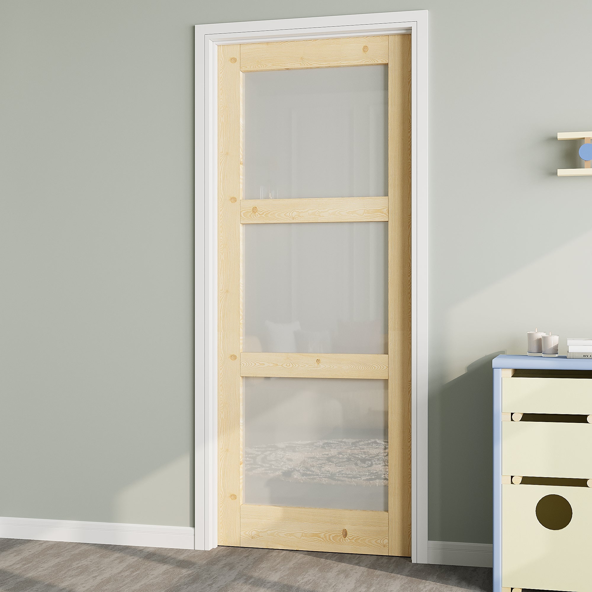 Ark Design Unfinished Solid Core Pine Wood 3-Lite Tempered Frosted Glass Interior Door Slab with/without Prehung Kit