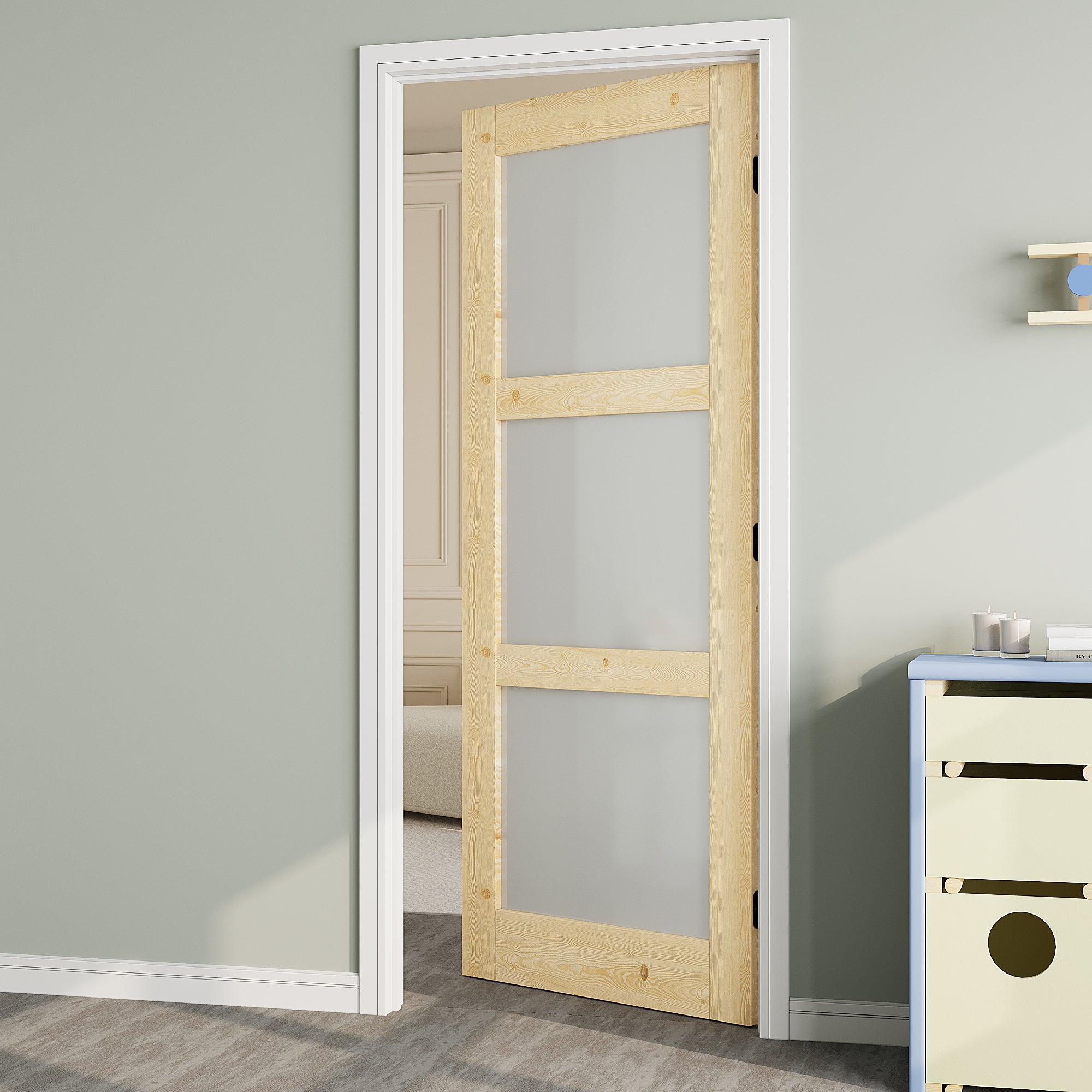 Ark Design Unfinished Solid Core Pine Wood 3-Lite Tempered Frosted Glass Interior Door Slab with/without Prehung Kit