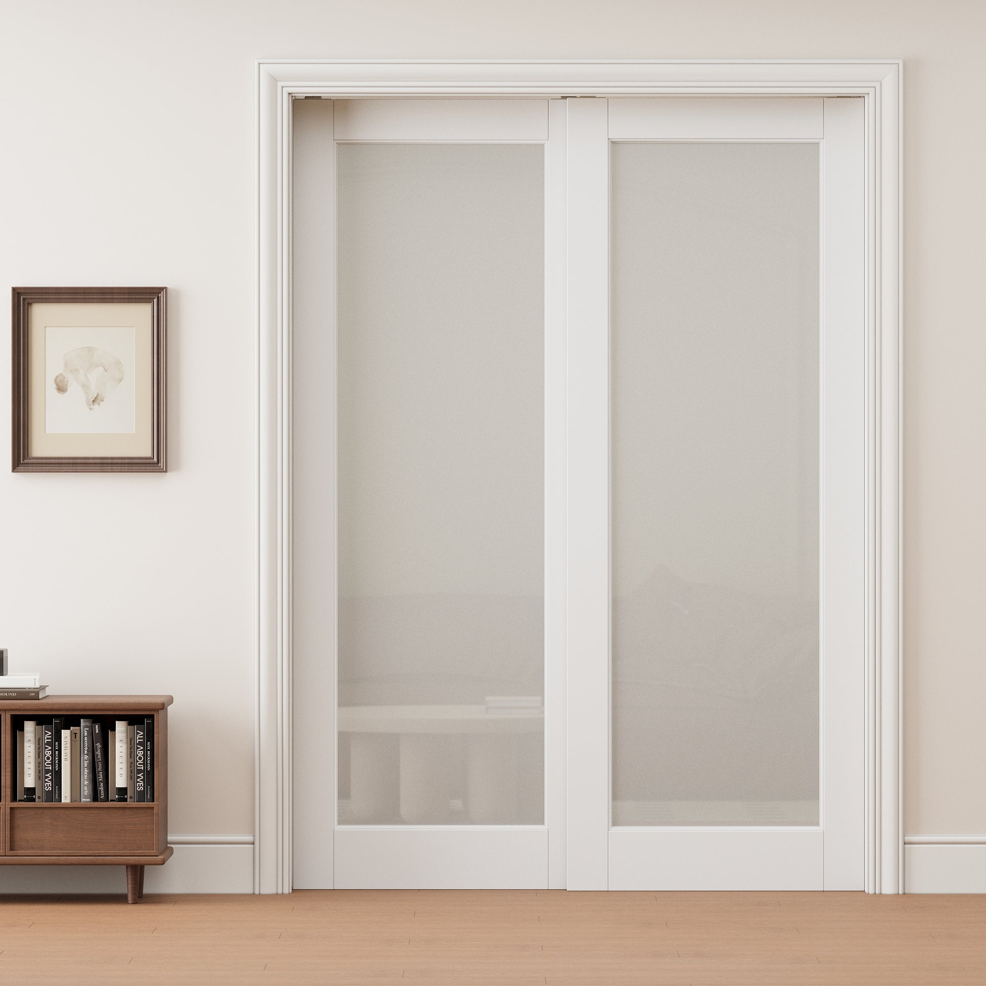 Ark Design 1 lite Frosted Glass Double Bypass Pocket Door with Hardware Kit & Soft Close & Frame, Solid Core MDF Wood & Paint-grade Finished, White