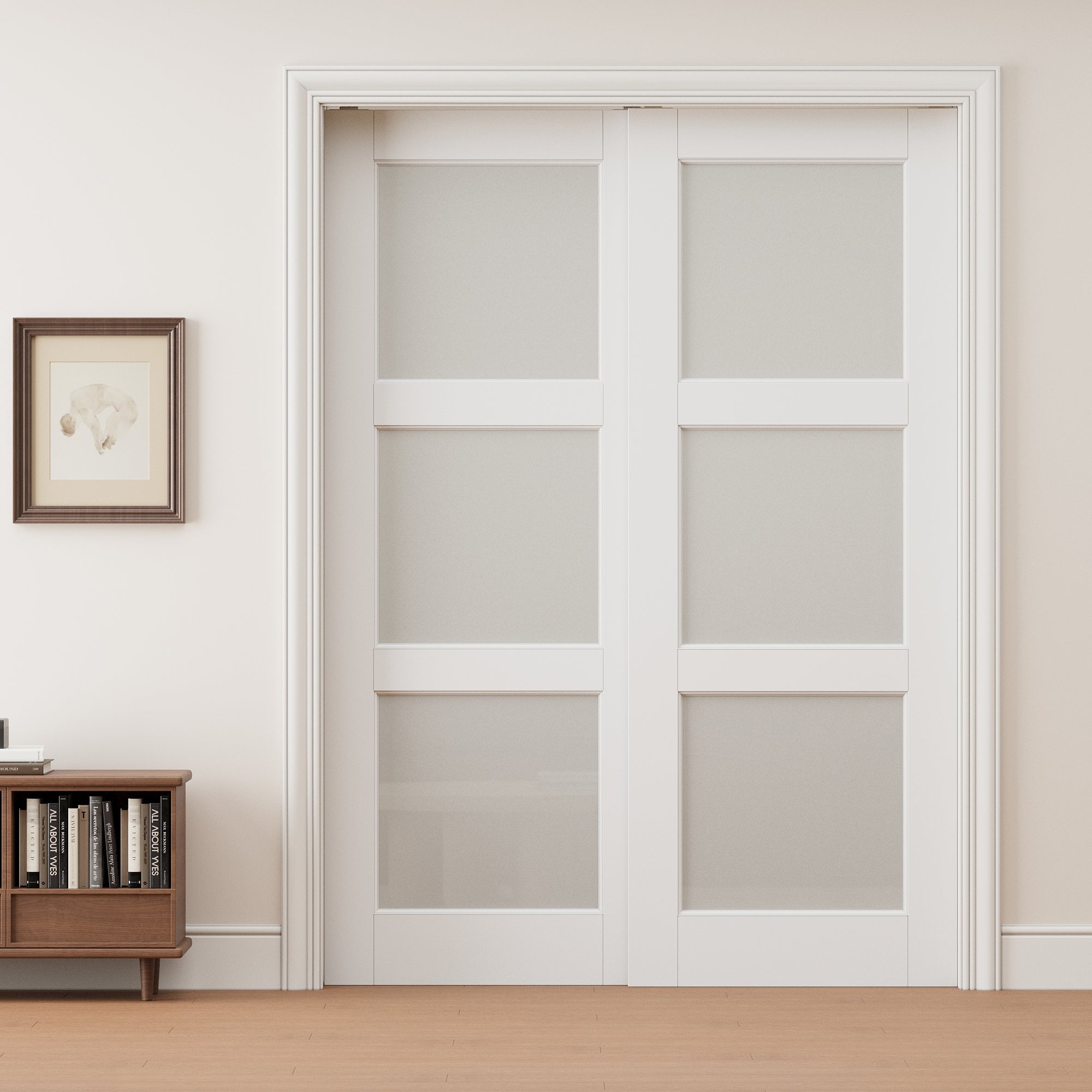 Ark Design 3 Lite Frosted Glass Double Bypass Pocket Door with Hardware Kit & Soft Close & Frame, Solid Core MDF Wood & Paint-grade Finished, White