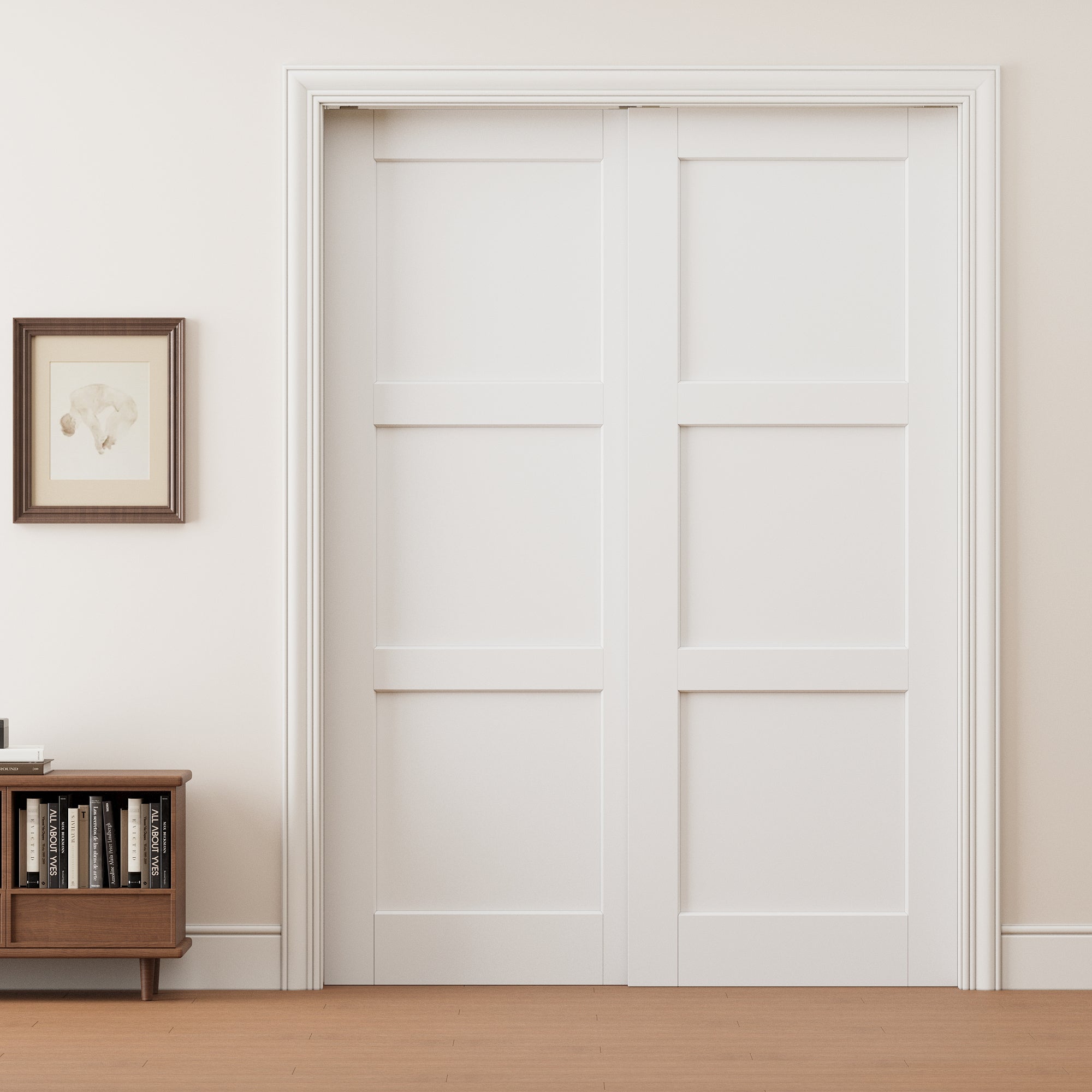 Ark Design 3 Panel Double Bypass Pocket Door with Hardware Kit & Soft Close & Frame, Solid Core MDF Wood & Paint-grade Finished, White