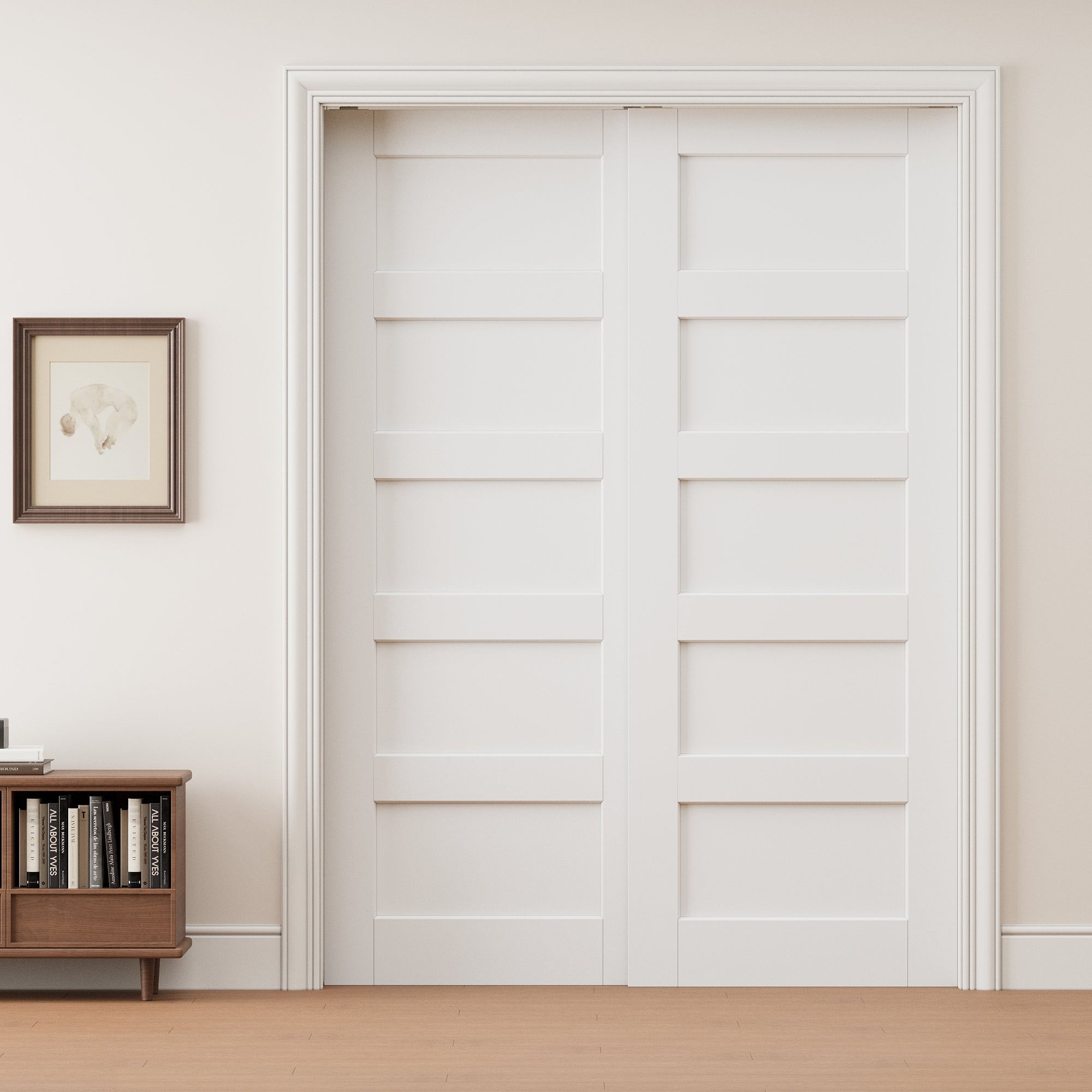 Ark Design 5 Panel Double Bypass Pocket Door with Hardware Kit & Soft Close & Frame, Solid Core MDF Wood & Paint-grade Finished, White