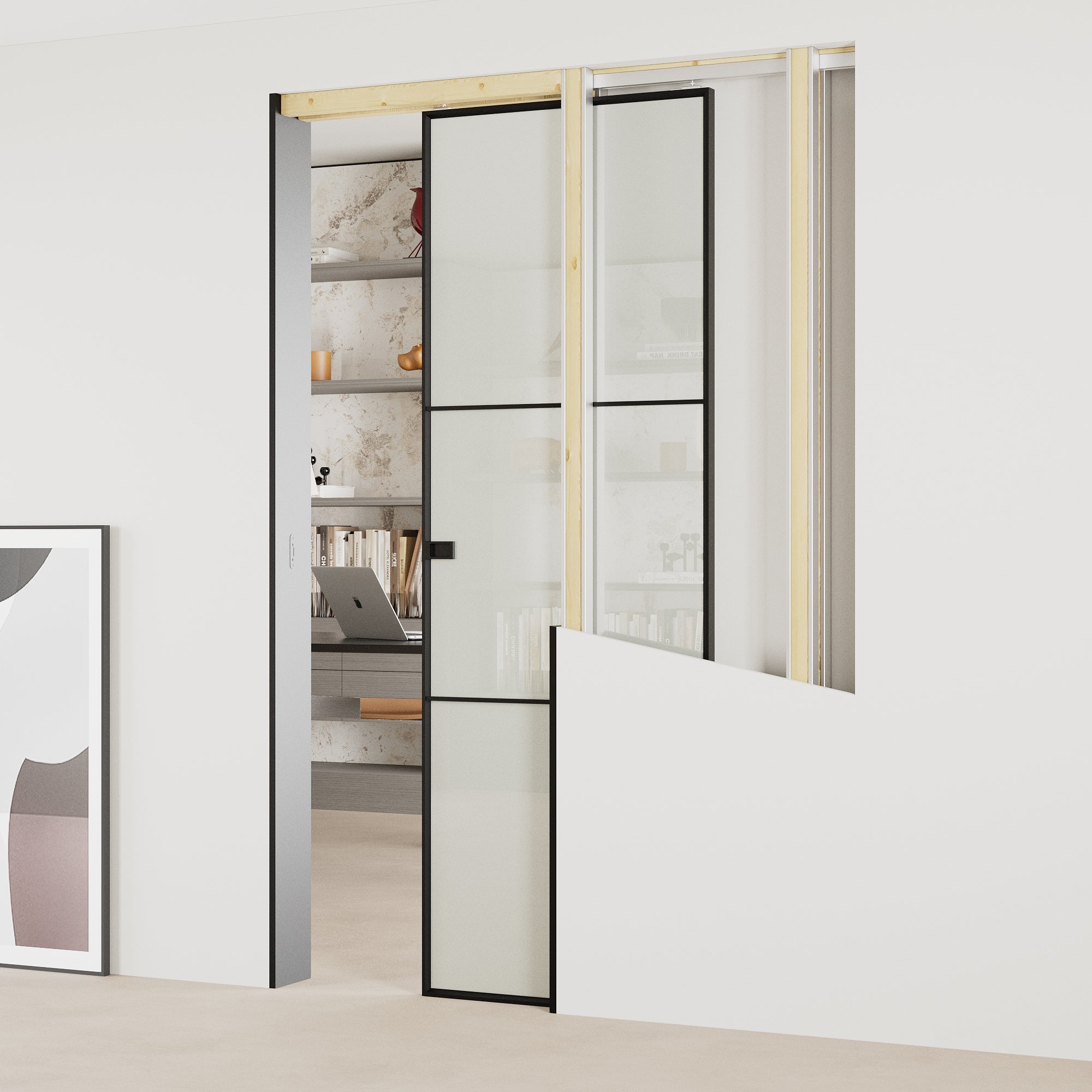 Ark Design 3-Lite Aluminum Tempered Frosted Glass Pocket Door with Hardware Kit & Soft Close & Frame, Solid Core MDF Wood & Paint-grade Finished, White