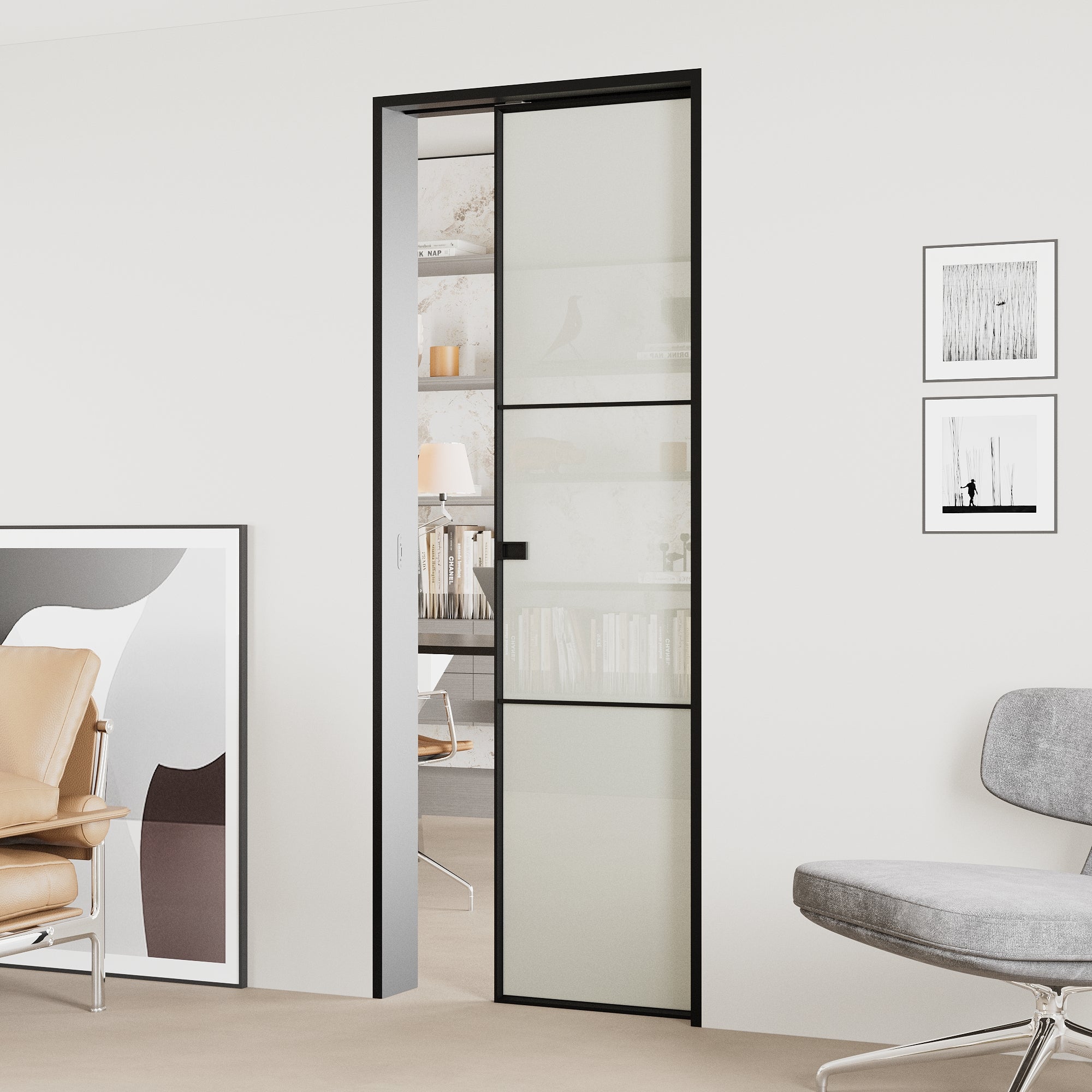Ark Design 3-Lite Aluminum Tempered Frosted Glass Pocket Door with Hardware Kit & Soft Close & Frame, Solid Core MDF Wood & Paint-grade Finished, White