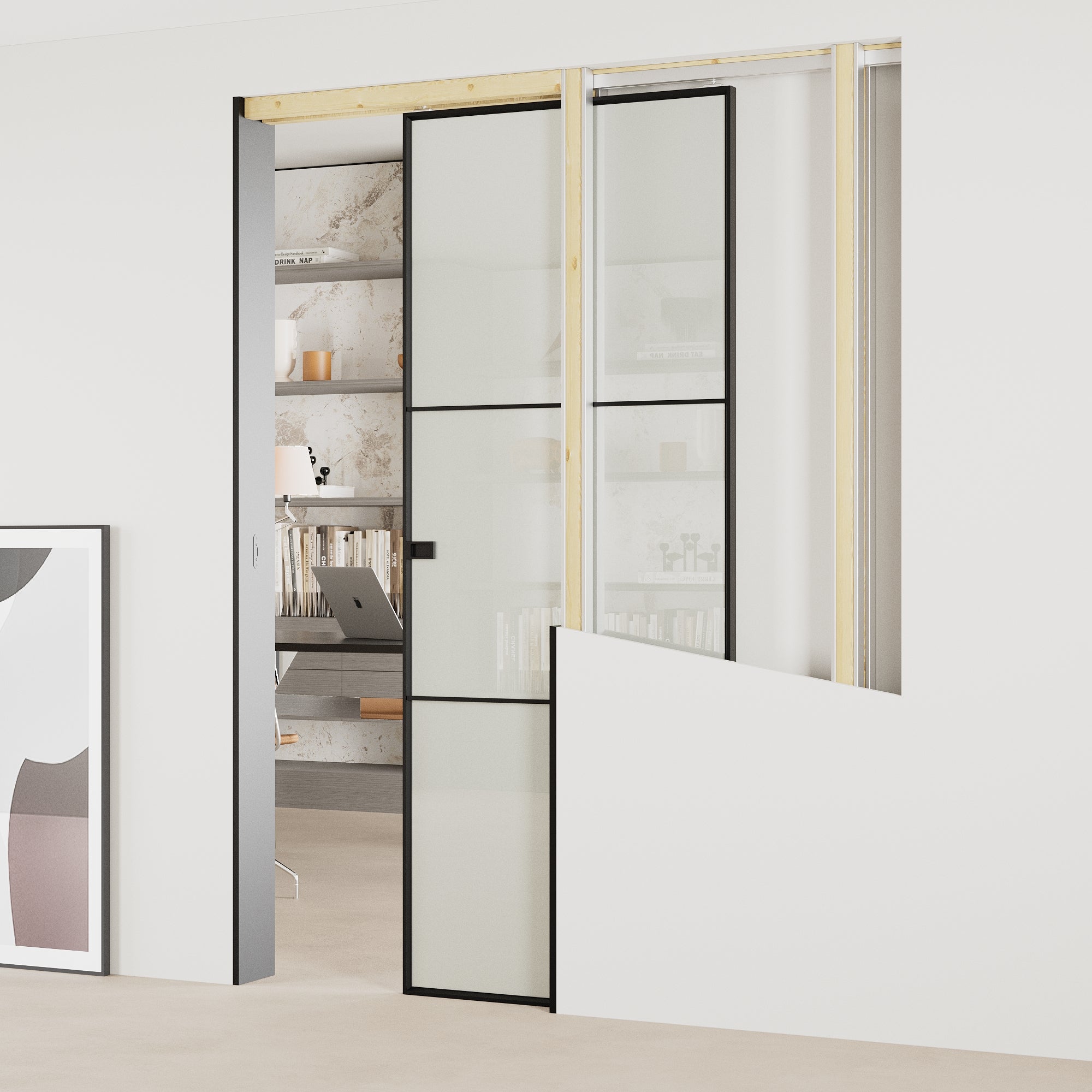 Ark Design 3-Lite Aluminum Tempered Frosted Glass Pocket Door with Hardware Kit & Soft Close & Frame, Solid Core MDF Wood & Paint-grade Finished, White