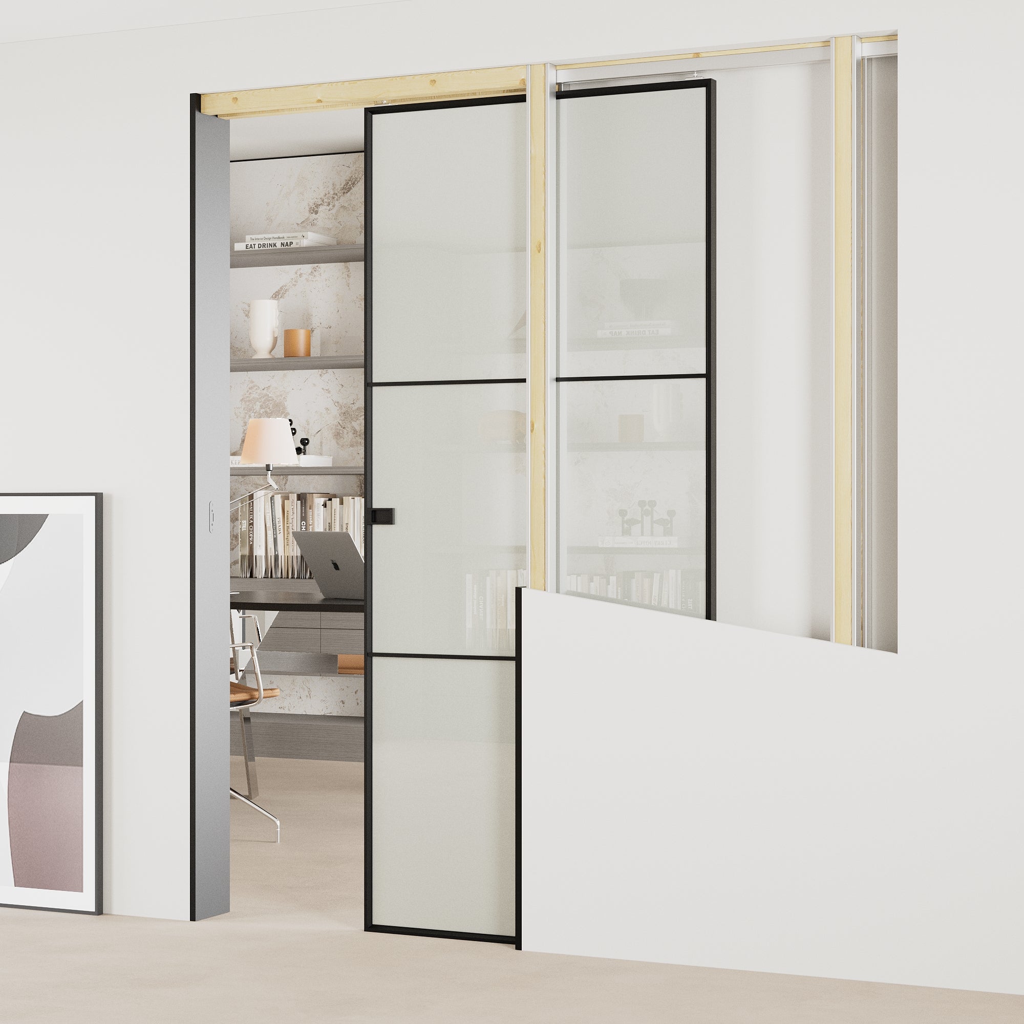 Ark Design 3-Lite Aluminum Tempered Frosted Glass Pocket Door with Hardware Kit & Soft Close & Frame, Solid Core MDF Wood & Paint-grade Finished, White