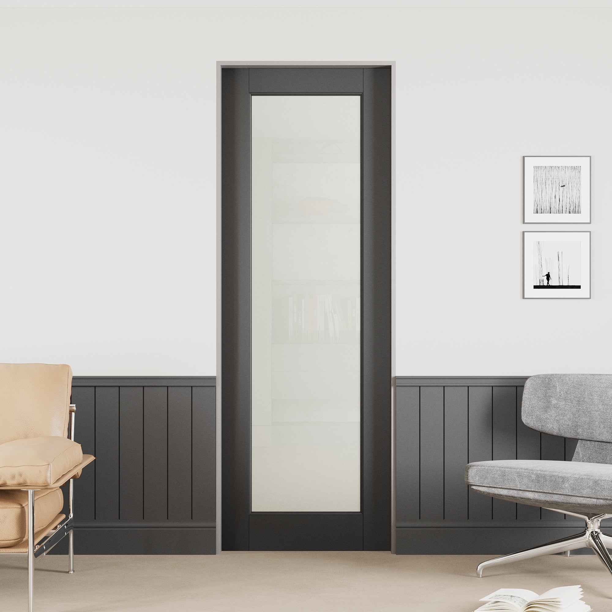 Ark Design 1-Lite Tempered Frosted Glass Pocket Door with Hardware Kit & Soft Close & Black Frame, Solid Core MDF Wood & Paint-grade Finished