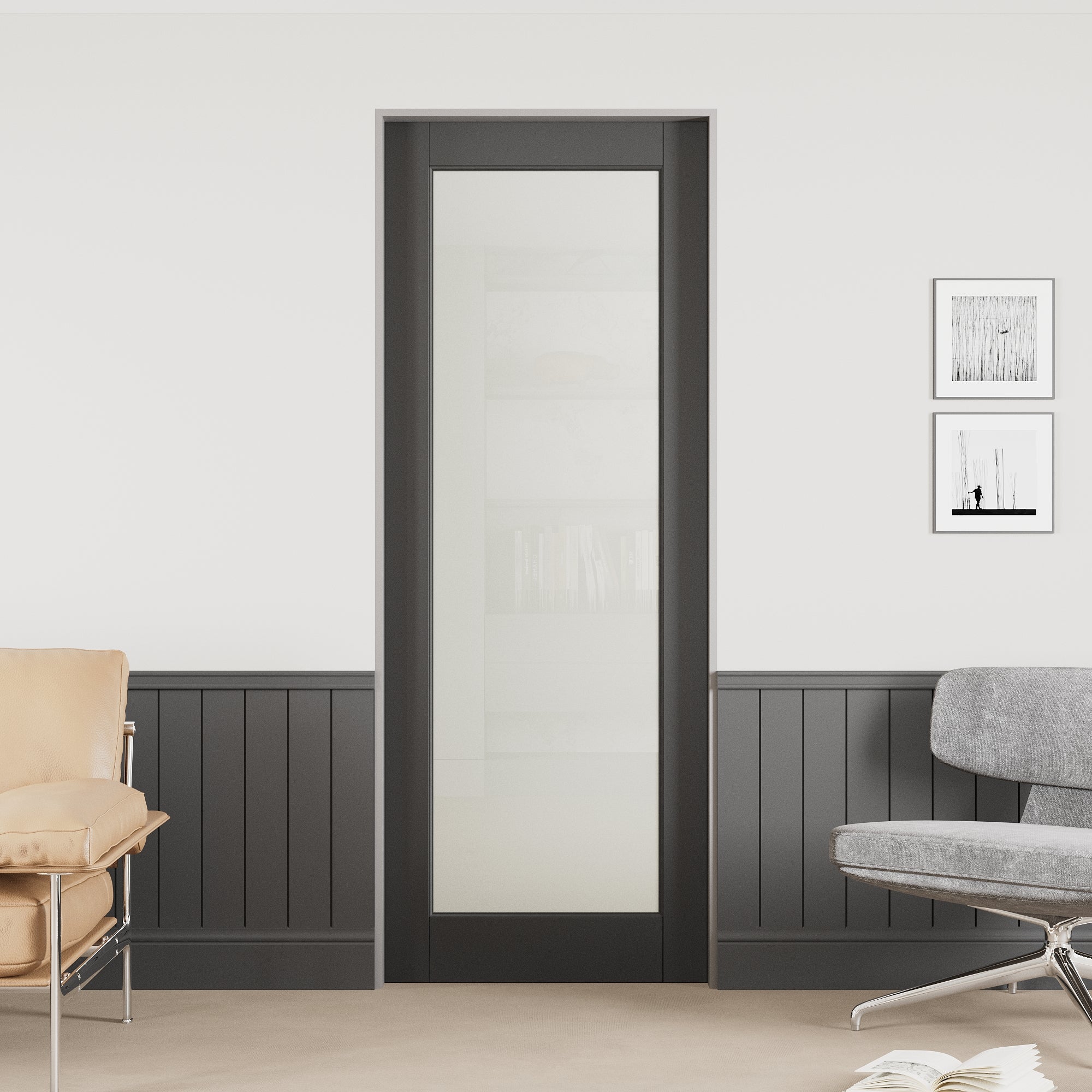 Ark Design 1-Lite Tempered Frosted Glass Pocket Door with Hardware Kit & Soft Close & Black Frame, Solid Core MDF Wood & Paint-grade Finished