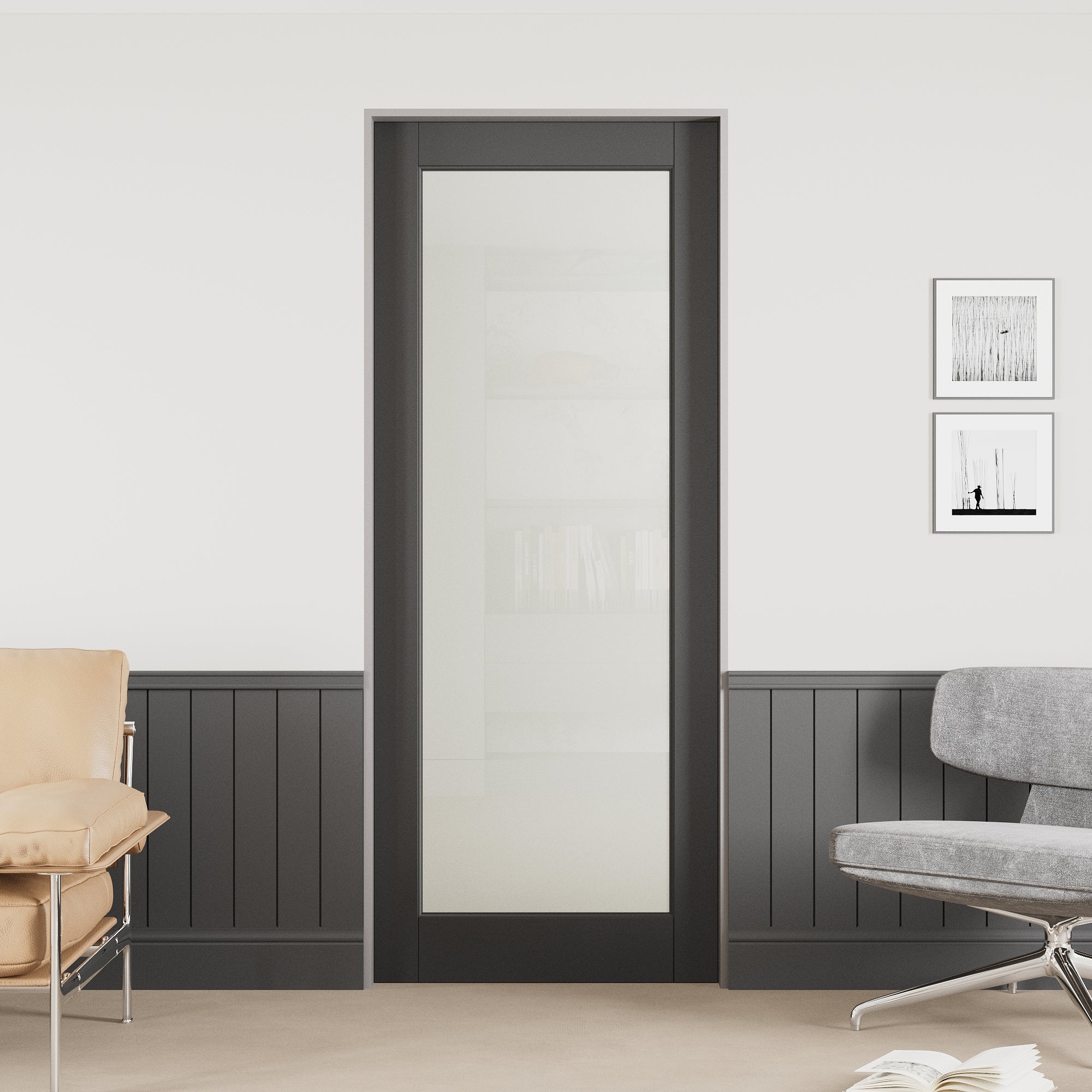 Ark Design 1-Lite Tempered Frosted Glass Pocket Door with Hardware Kit & Soft Close & Black Frame, Solid Core MDF Wood & Paint-grade Finished