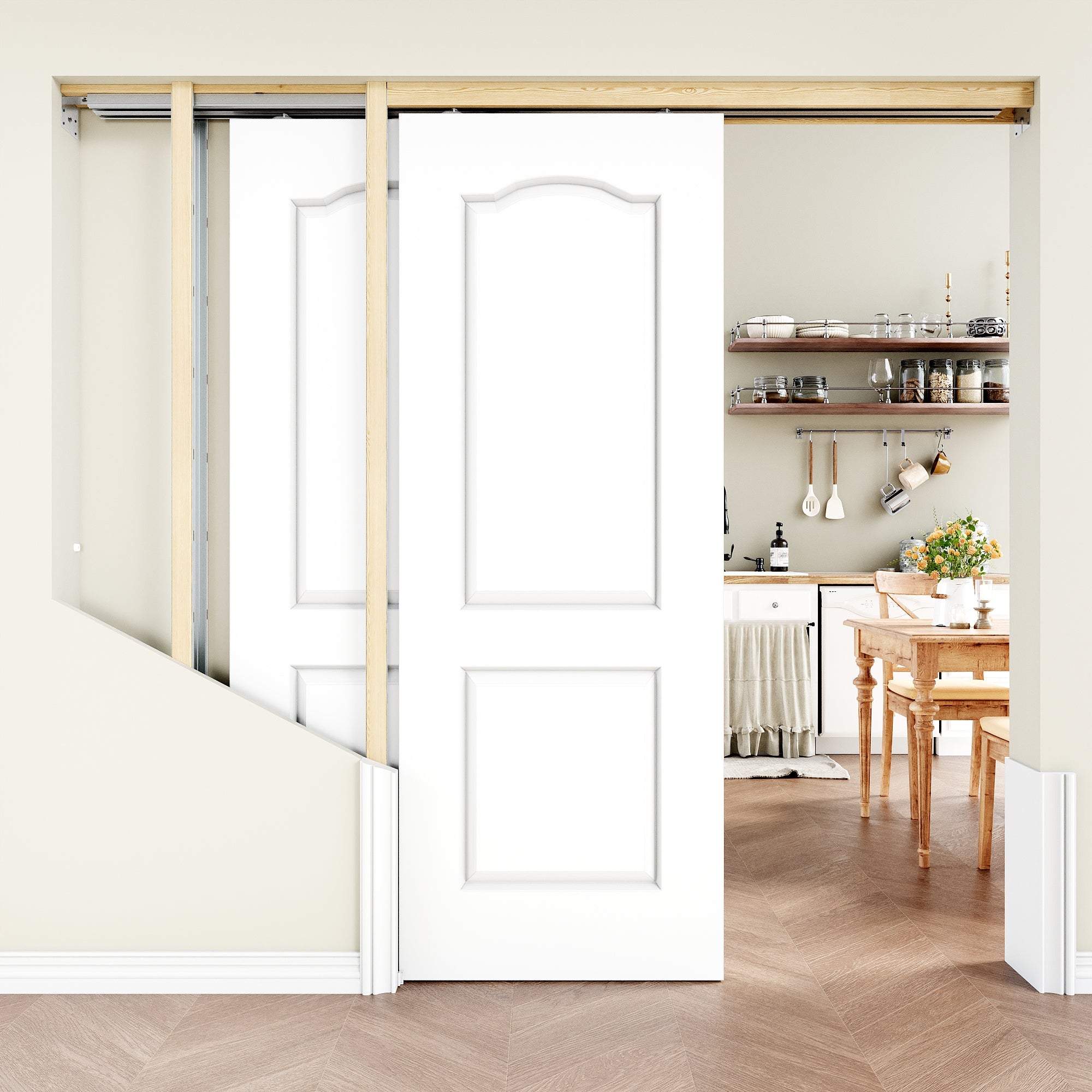 Ark Design Molded Arch Top 2 Panel Double Bypass Pocket Door with Hardware Kit & Soft Close & Frame, Solid Core MDF Wood & Paint-grade Finished, White