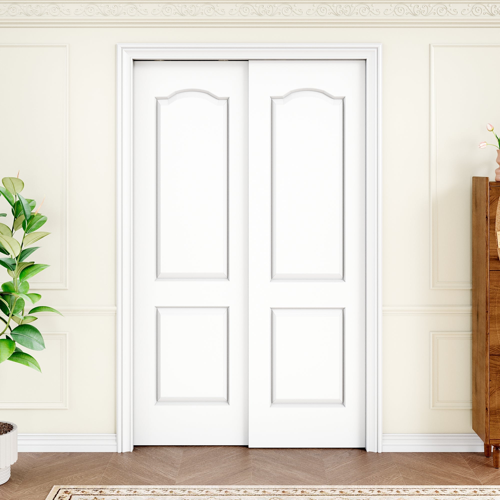 Ark Design Molded Arch Top 2 Panel Double Bypass Pocket Door with Hardware Kit & Soft Close & Frame, Solid Core MDF Wood & Paint-grade Finished, White