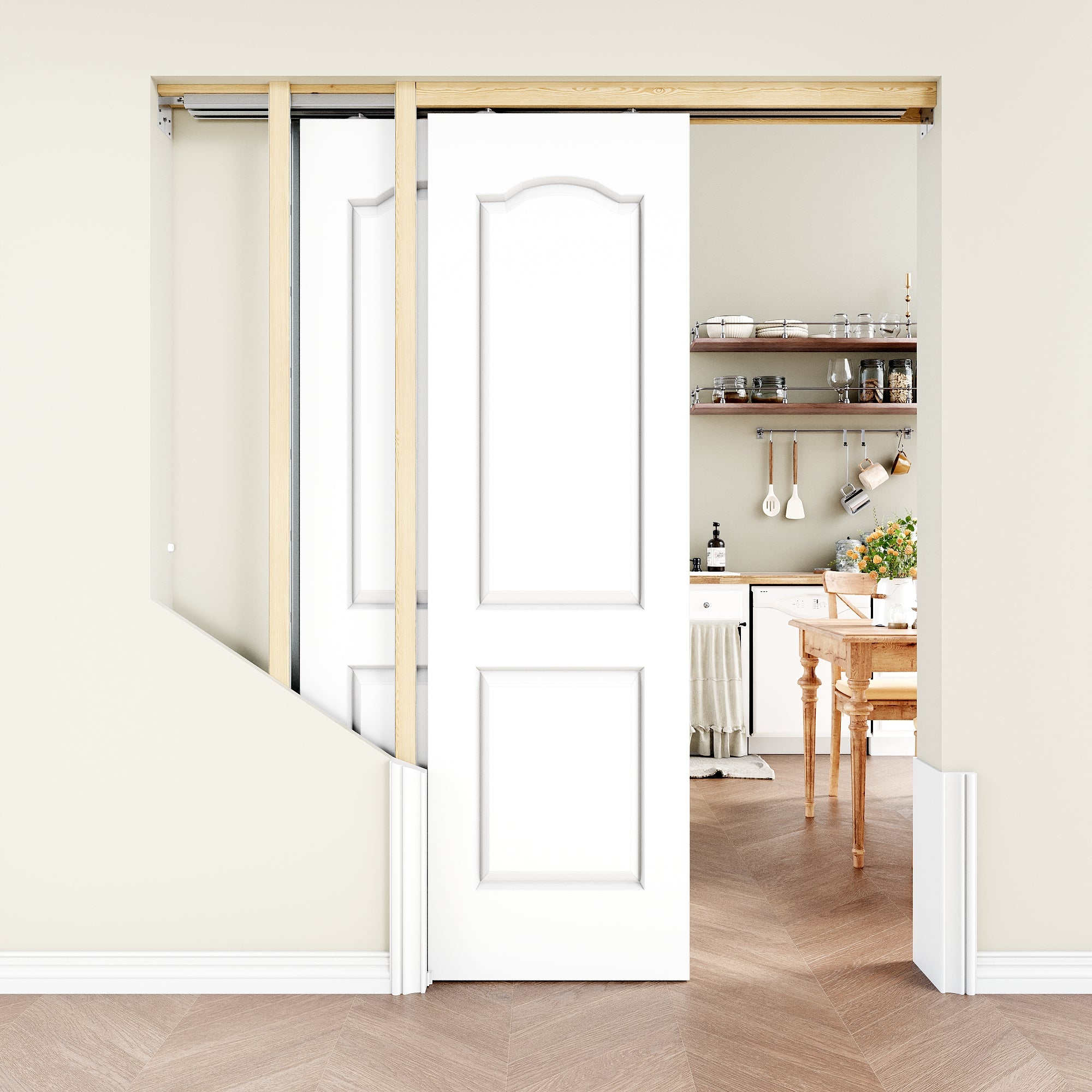 Ark Design Molded Arch Top 2 Panel Double Bypass Pocket Door with Hardware Kit & Soft Close & Frame, Solid Core MDF Wood & Paint-grade Finished, White