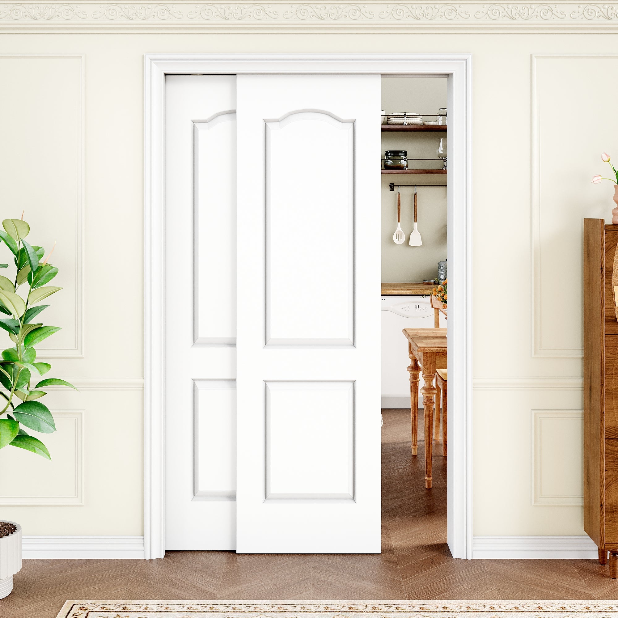 Ark Design Molded Arch Top 2 Panel Double Bypass Pocket Door with Hardware Kit & Soft Close & Frame, Solid Core MDF Wood & Paint-grade Finished, White