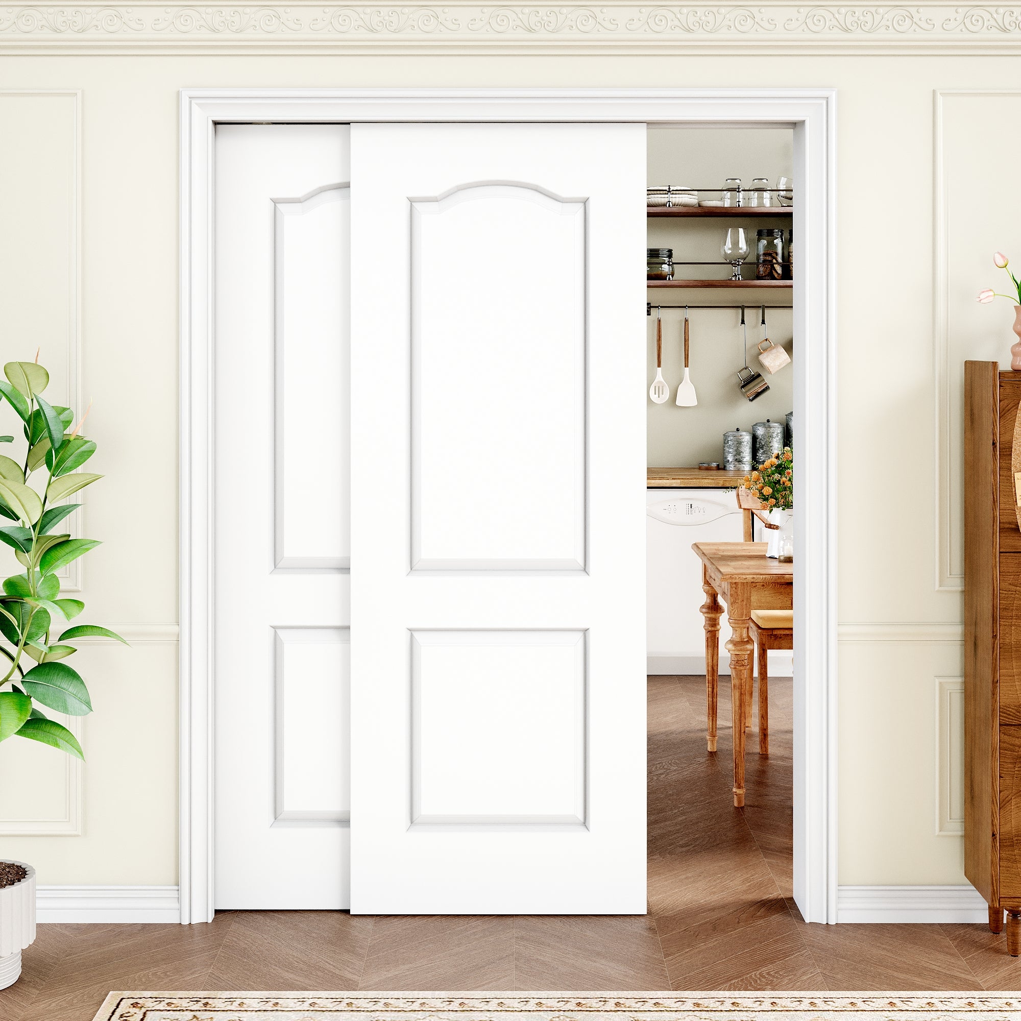 Ark Design Molded Arch Top 2 Panel Double Bypass Pocket Door with Hardware Kit & Soft Close & Frame, Solid Core MDF Wood & Paint-grade Finished, White