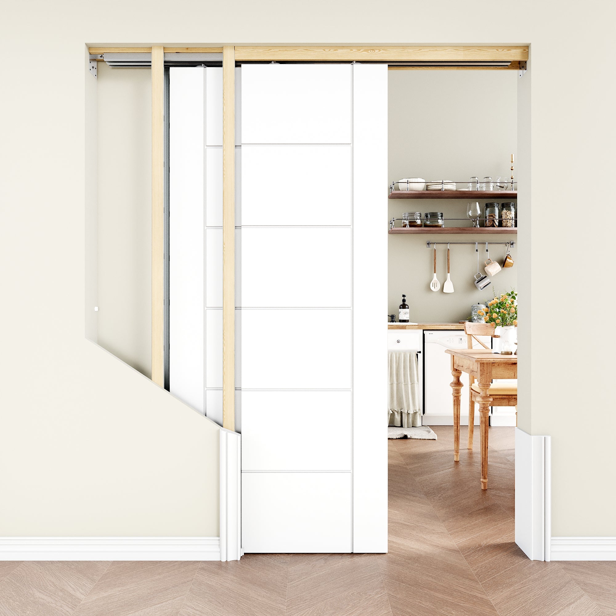 Ark Design Molded 6 Lite Panel Modern Double Bypass Pocket Door with Hardware Kit & Soft Close & Frame, Solid Core MDF Wood & Paint-grade Finished, White (Copy)