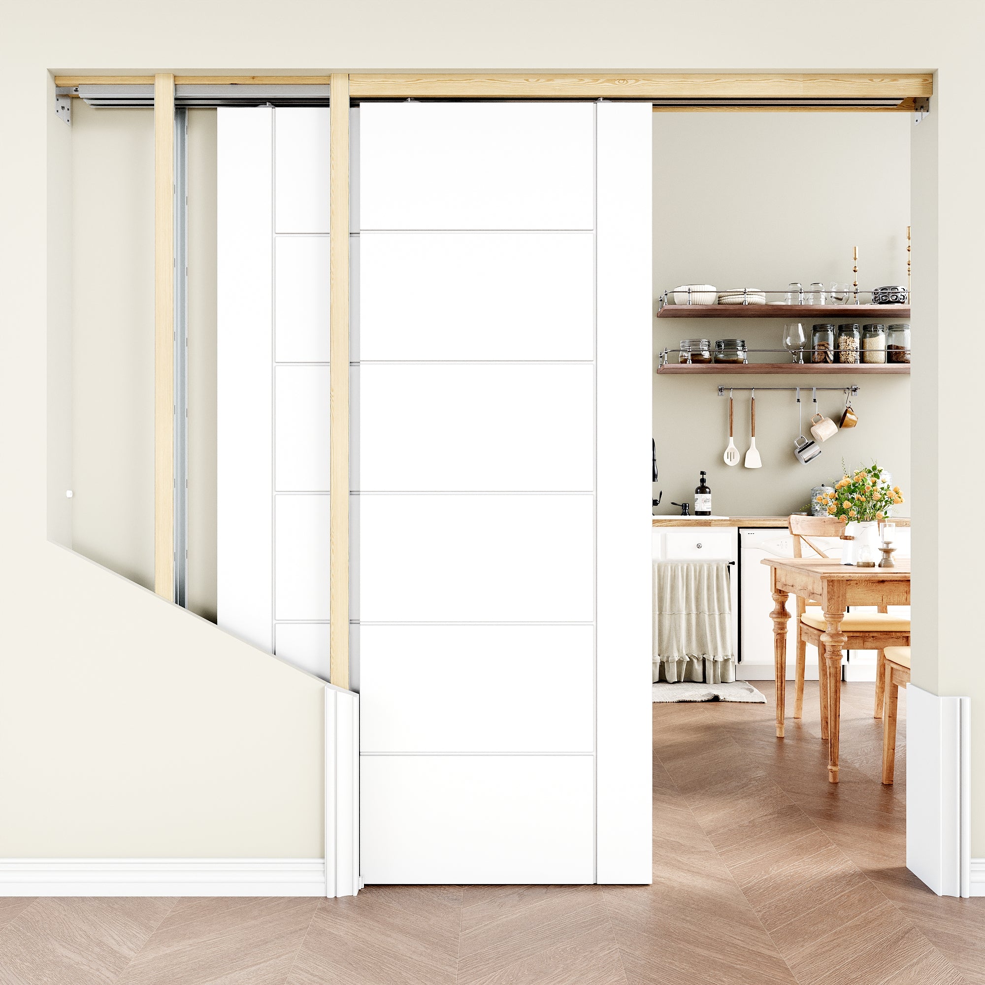 Ark Design Molded 6 Lite Panel Modern Double Bypass Pocket Door with Hardware Kit & Soft Close & Frame, Solid Core MDF Wood & Paint-grade Finished, White (Copy)