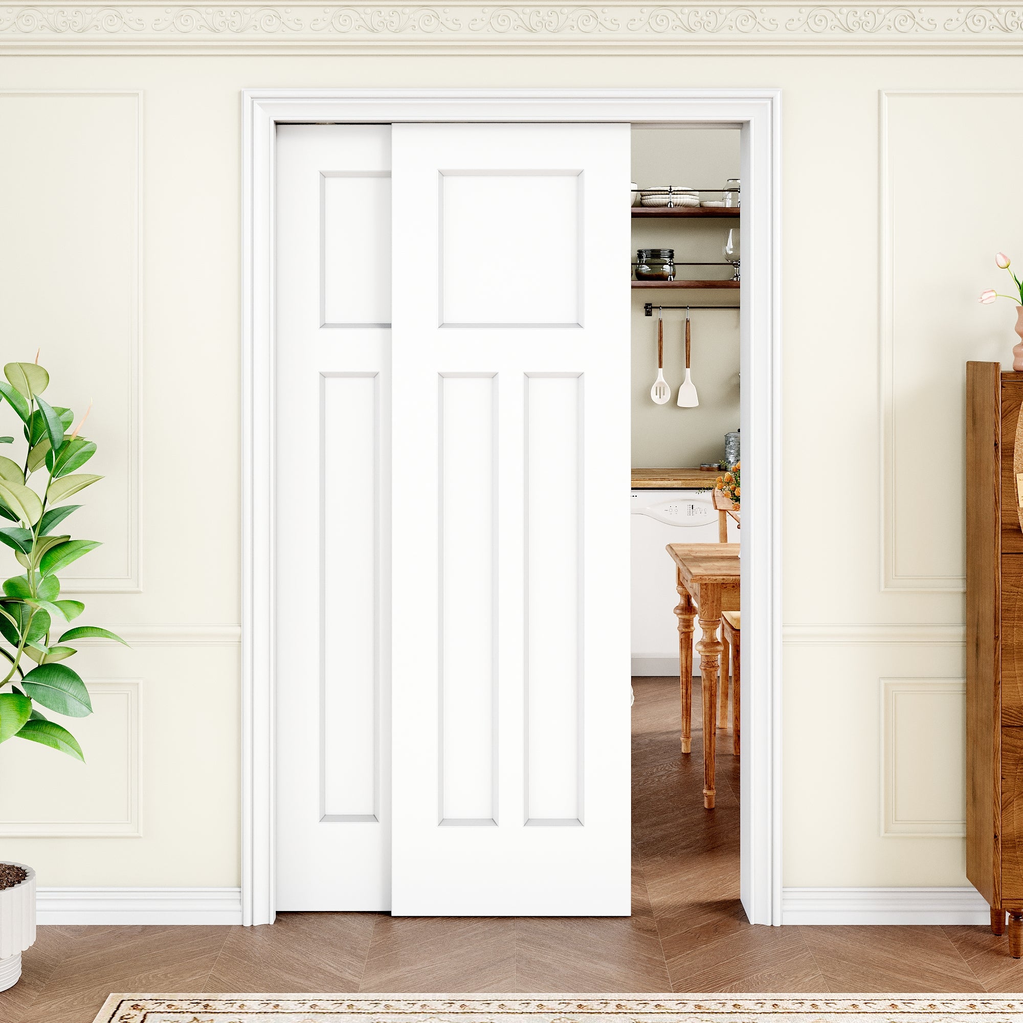 Ark Design Molded 6 Lite Panel Double Bypass Pocket Door with Hardware Kit & Soft Close & Frame, Solid Core MDF Wood & Paint-grade Finished, White