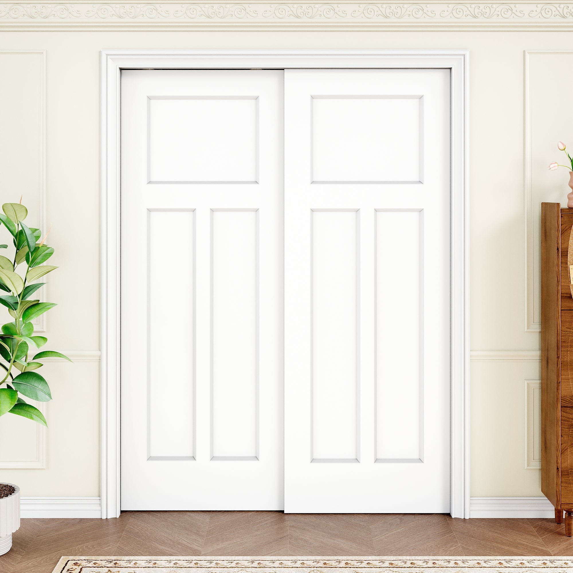 Ark Design Molded T Panel Double Bypass Pocket Door with Hardware Kit & Soft Close & Frame, Solid Core MDF Wood & Paint-grade Finished, White