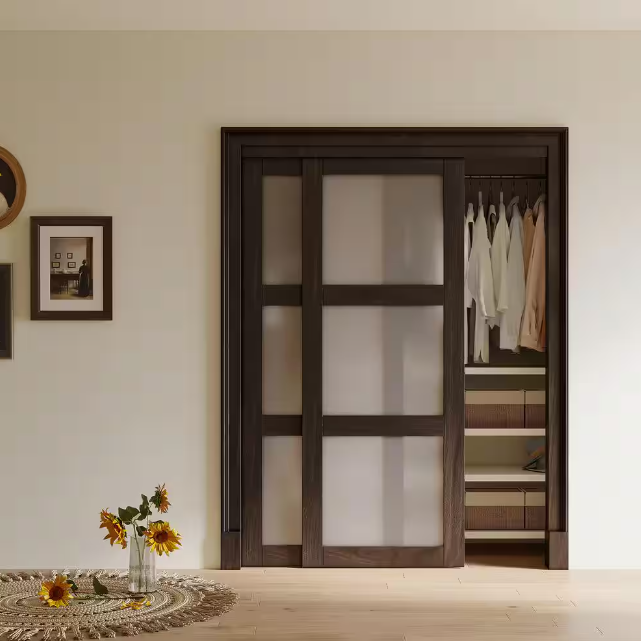 Ark Design 3-Lite Tempered Frosted Glass Bypass Sliding Closet Door with Hardware Kit, Solid Core MDF Wood & PVC Covered, Finished, Black