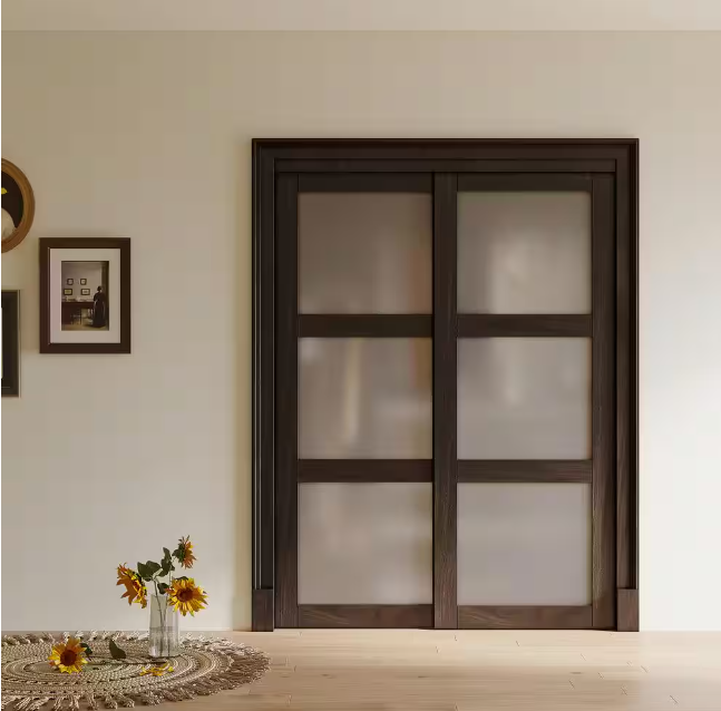 Ark Design 3-Lite Tempered Frosted Glass Bypass Sliding Closet Door with Hardware Kit, Solid Core MDF Wood & PVC Covered, Finished, Black