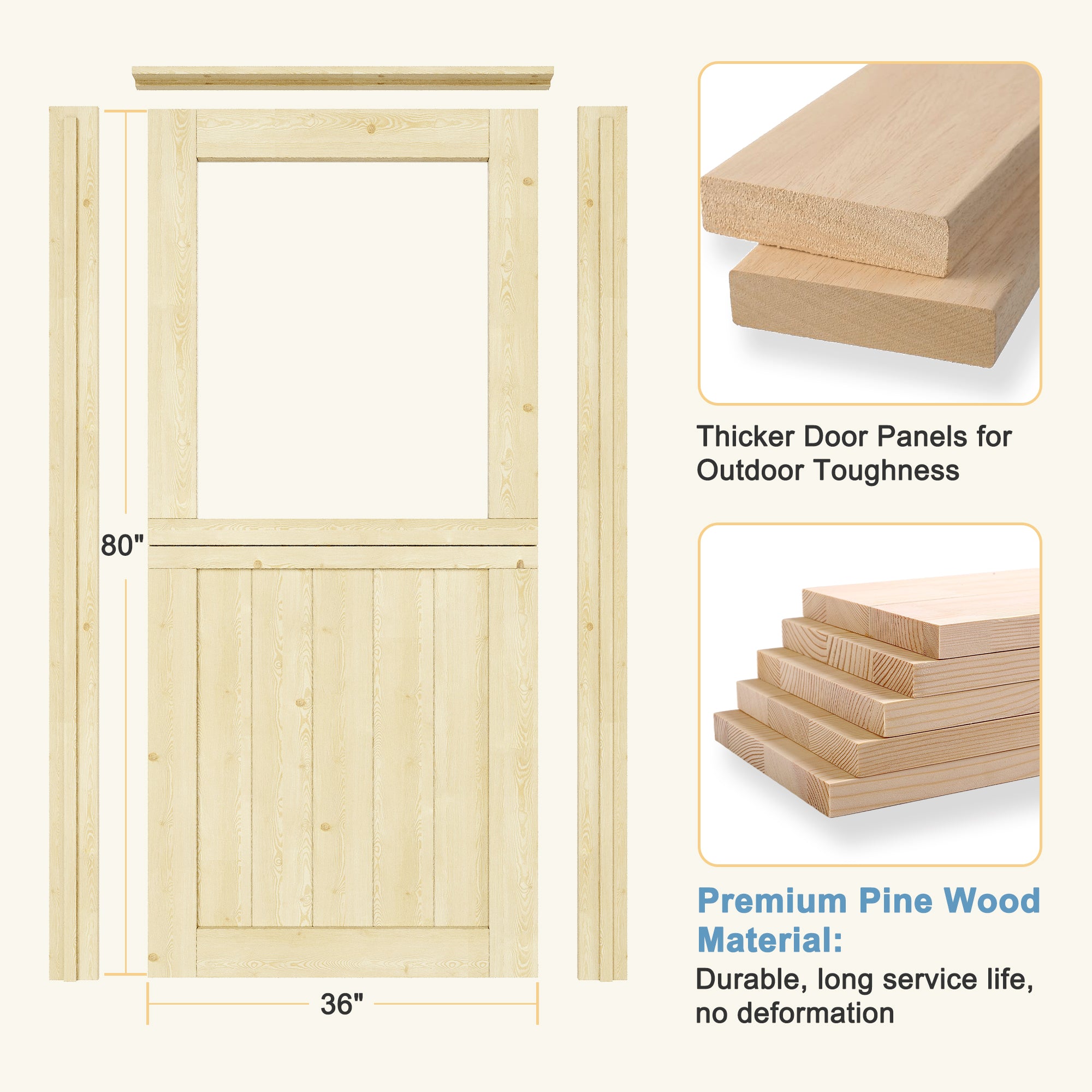 Ark Design Solid Pine Universal 1 Lite Clear Glass Unfinished Dutch Door, Pine Wood Front Door with/without Ready-to-Assemble Jamb